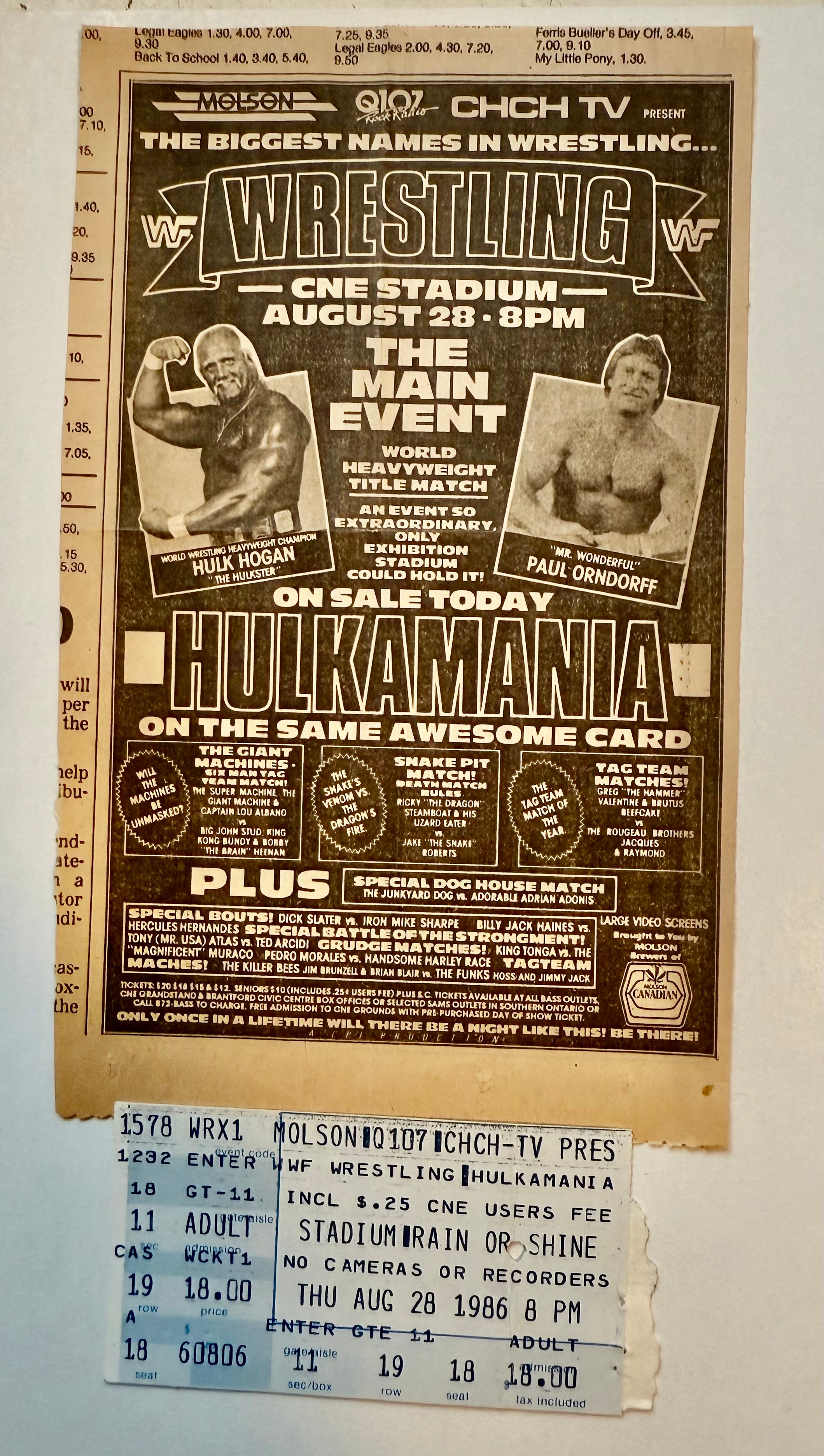 Wrestling event, rare vintage clipping and original ticket 1986