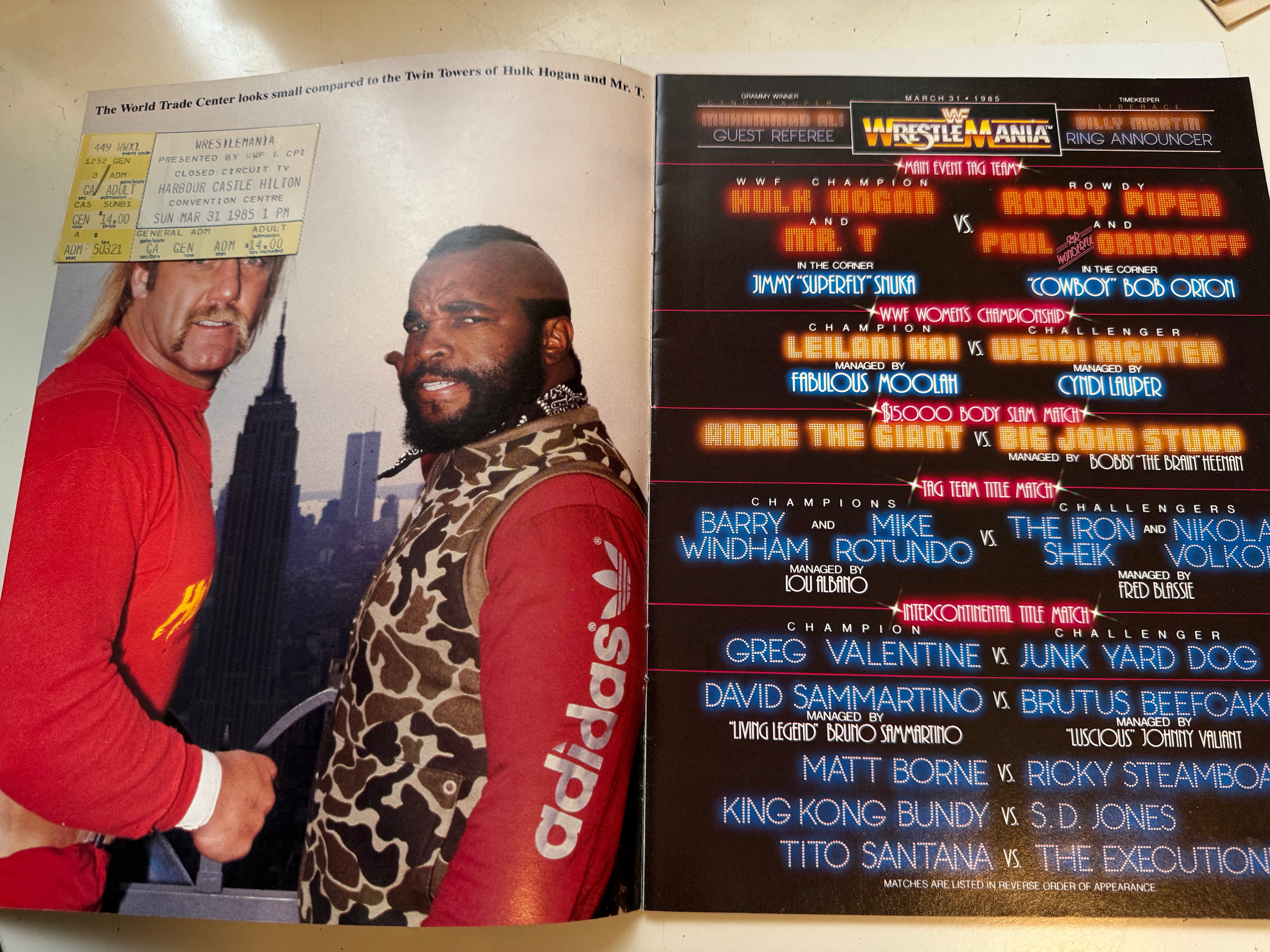 1985 wrestlemania, rare original first program with original ticket from this great event!