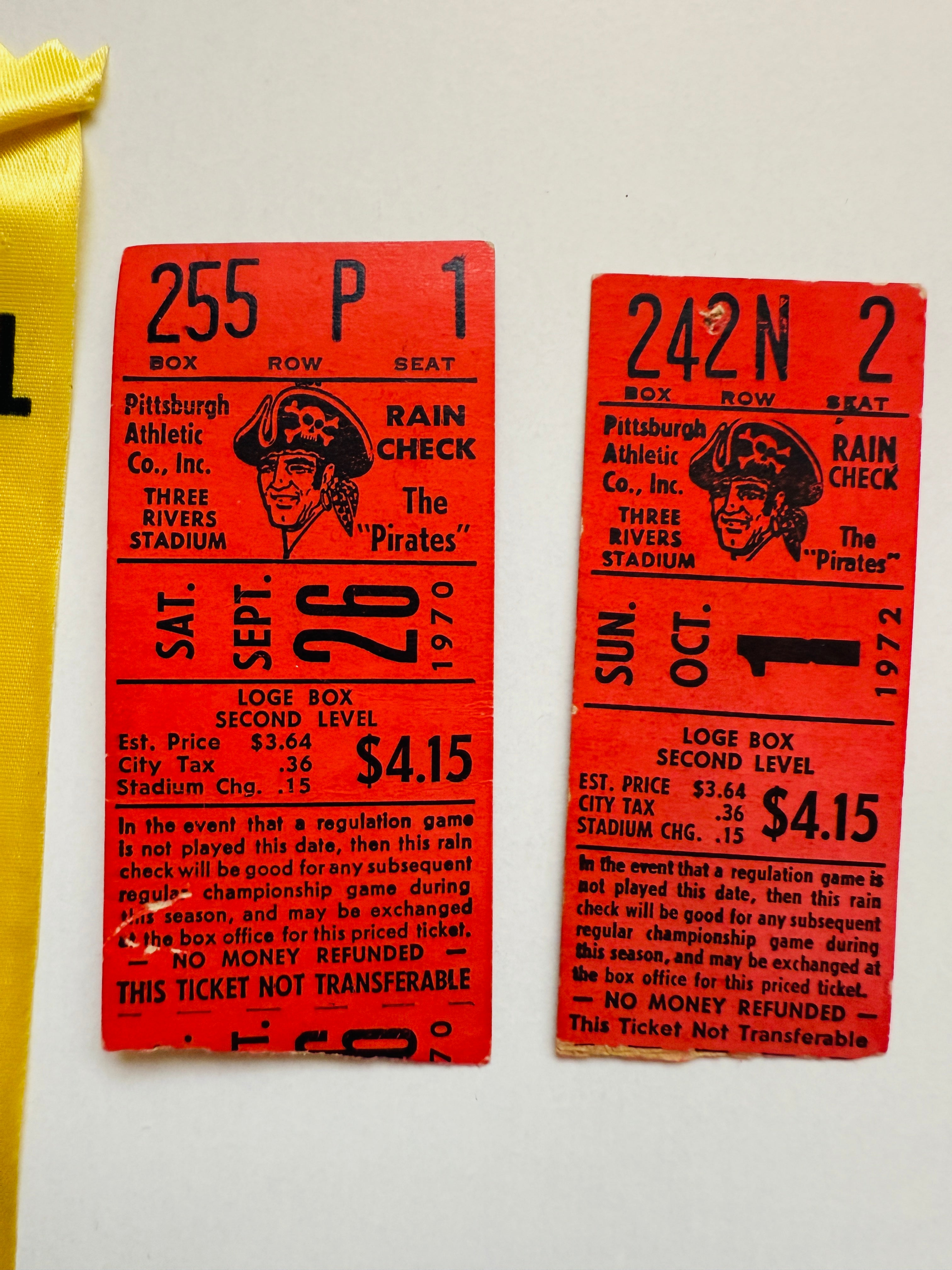 Pittsburgh Pirates baseball world series ribbon and tickets 1971,1972 lot deal