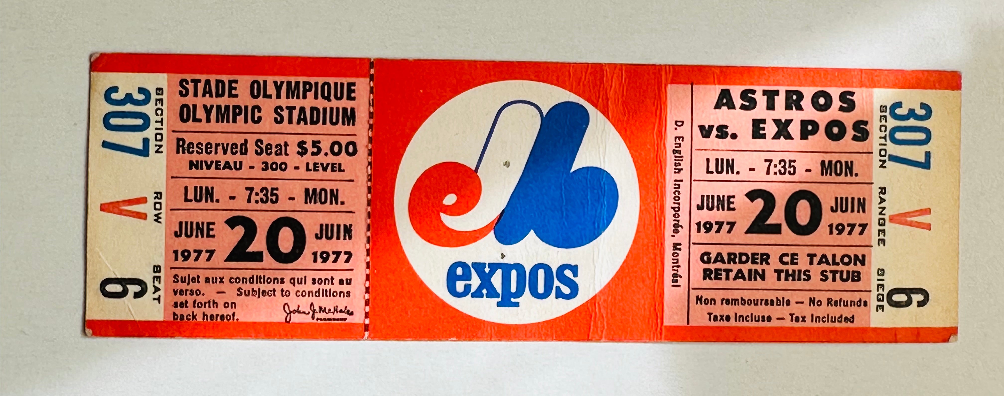 Montreal Expos baseball game full rare ticket 1977