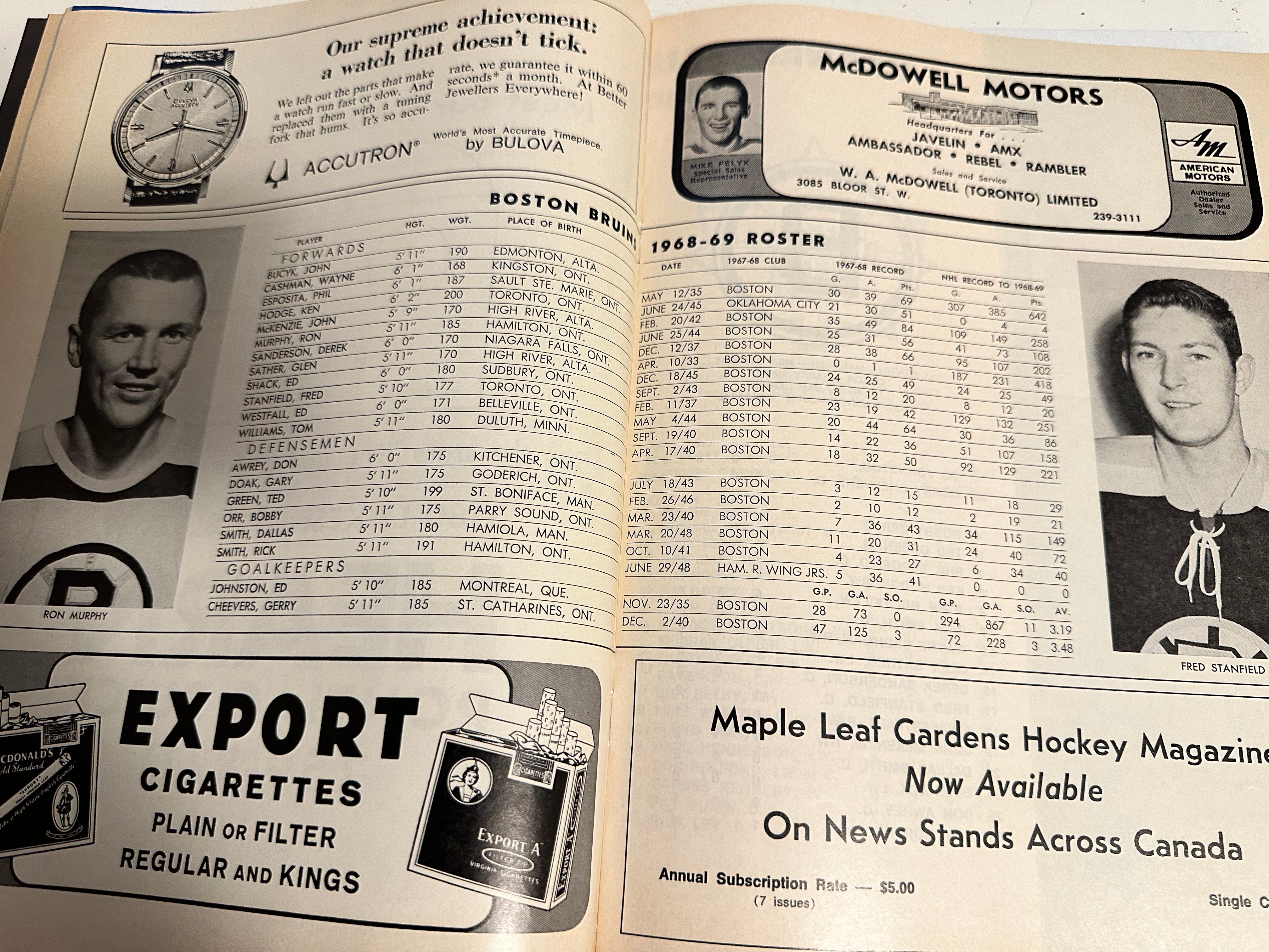 Maple Leafs Gardens vintage hockey game program 1968/69