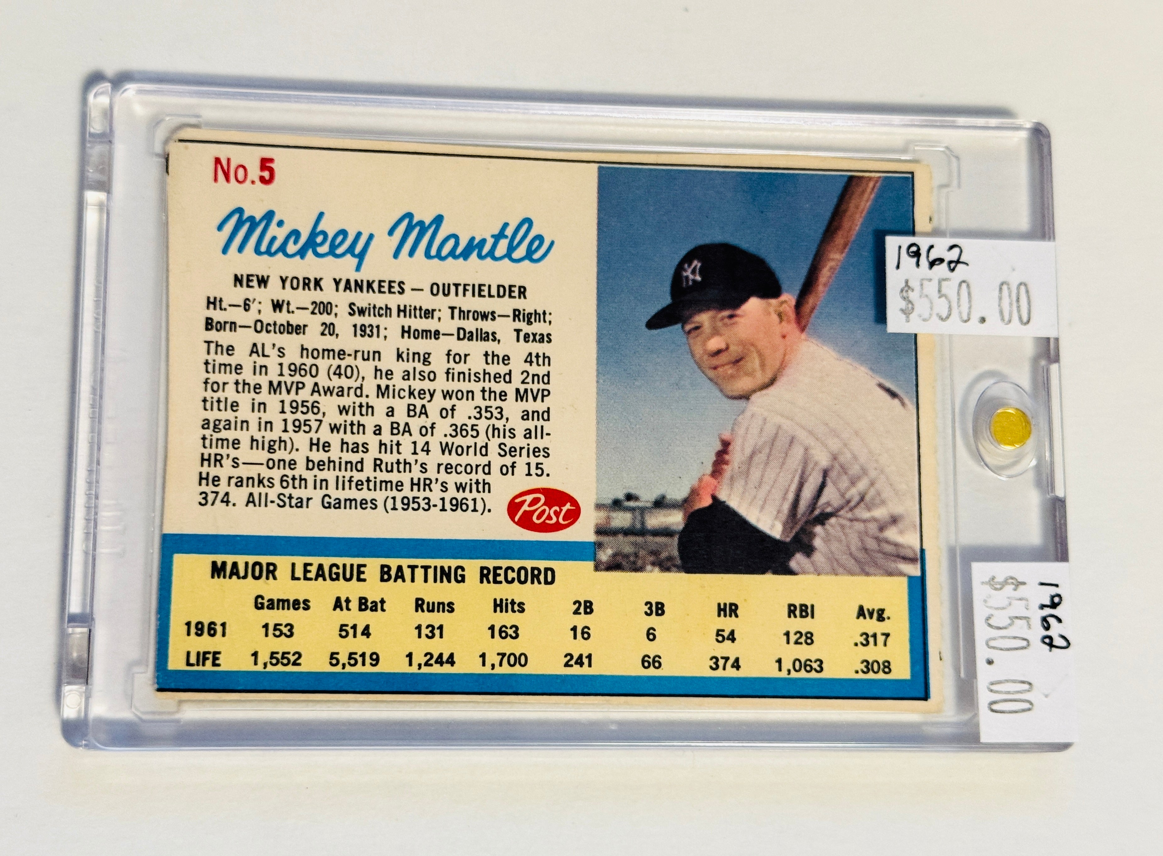 mickey mantle graded baseball cards Mickey Mantle Post Cereal original high grade baseball card 1962