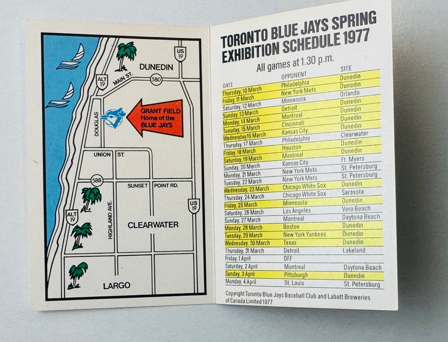 Toronto Blue Jays baseball first year spring training pocket schedule 1977