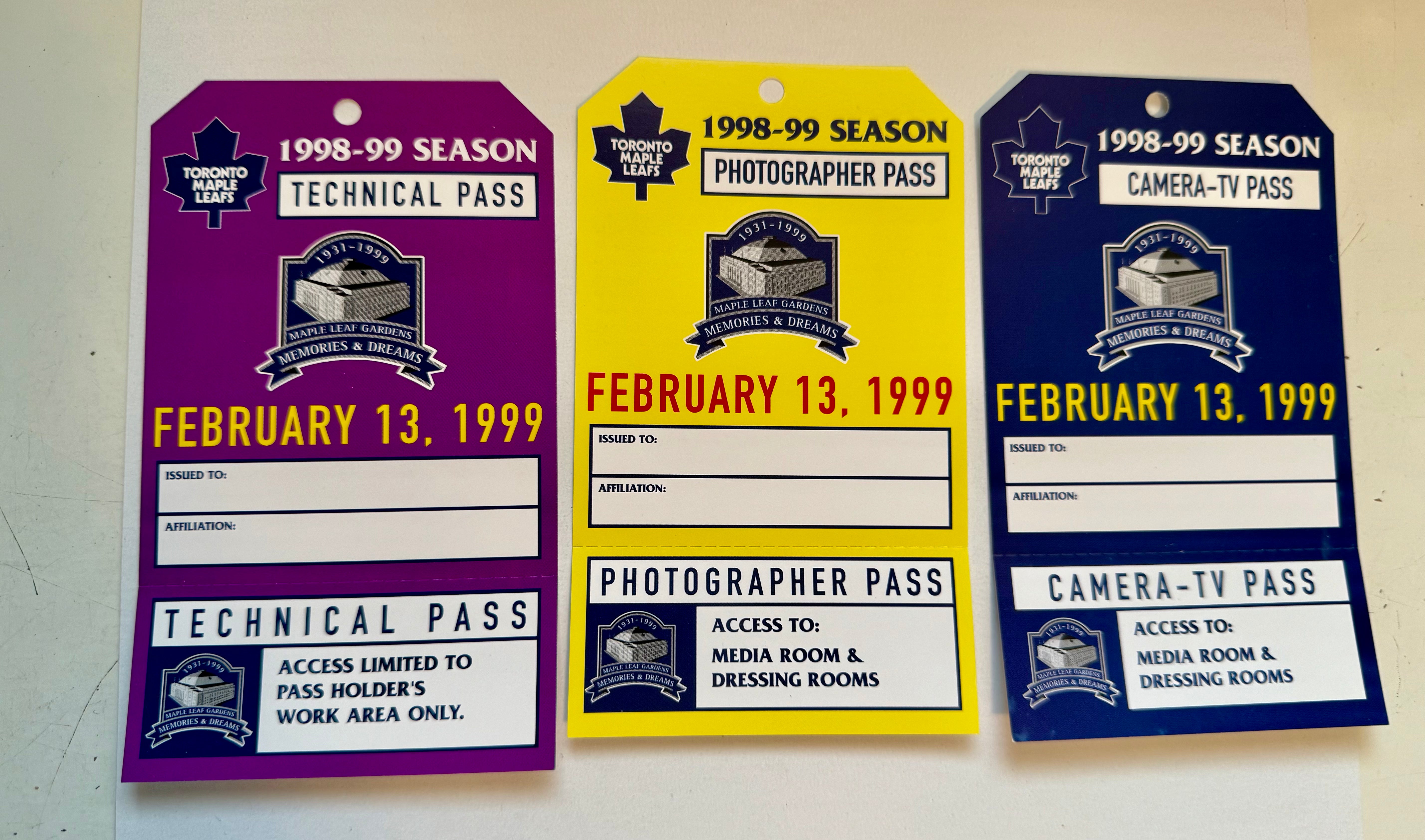 Toronto Maple Leaf Gardens hockey 3 rare press passes 1999