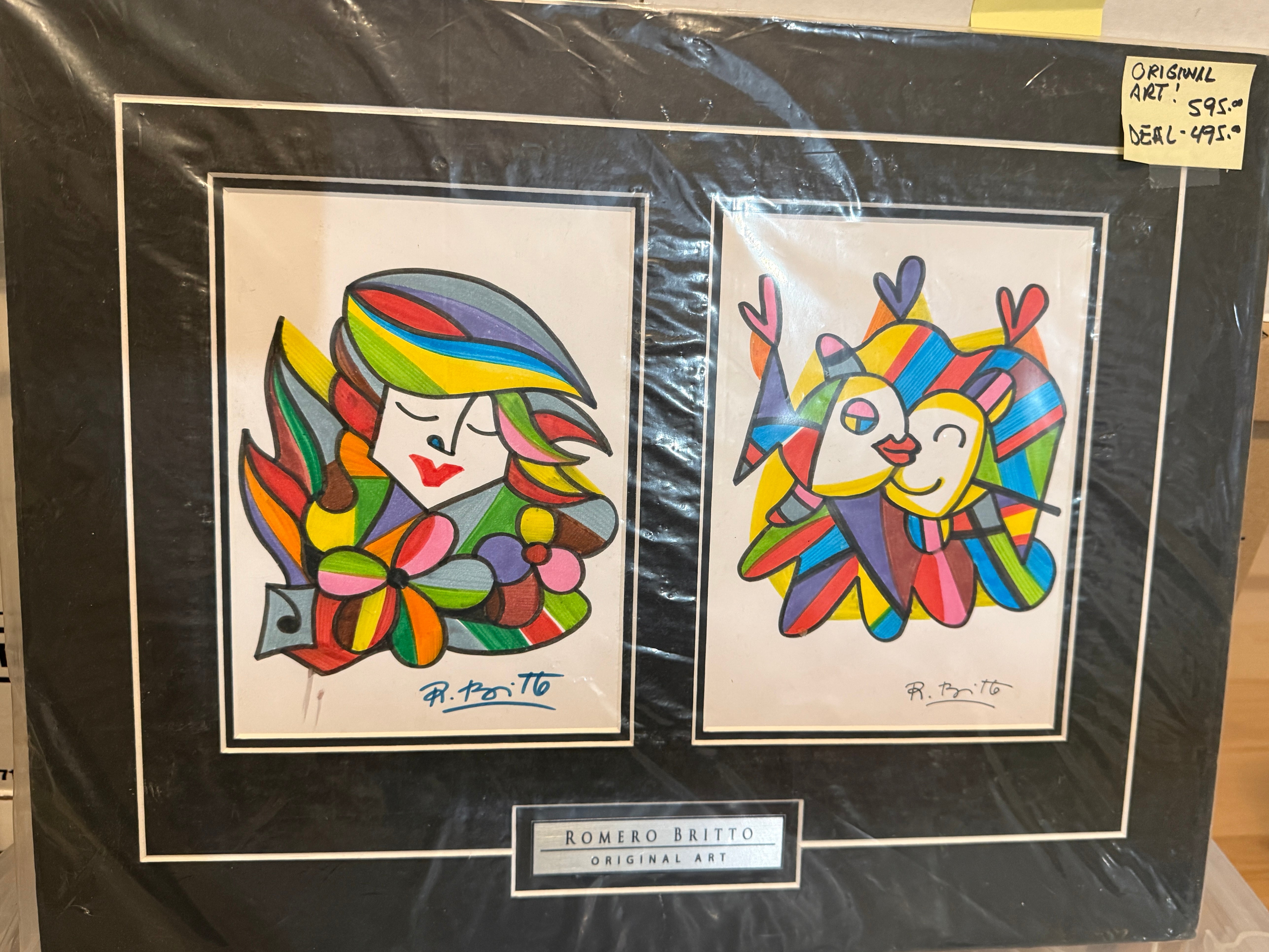 Romero Britto autographed two original matted sketches sold with COA