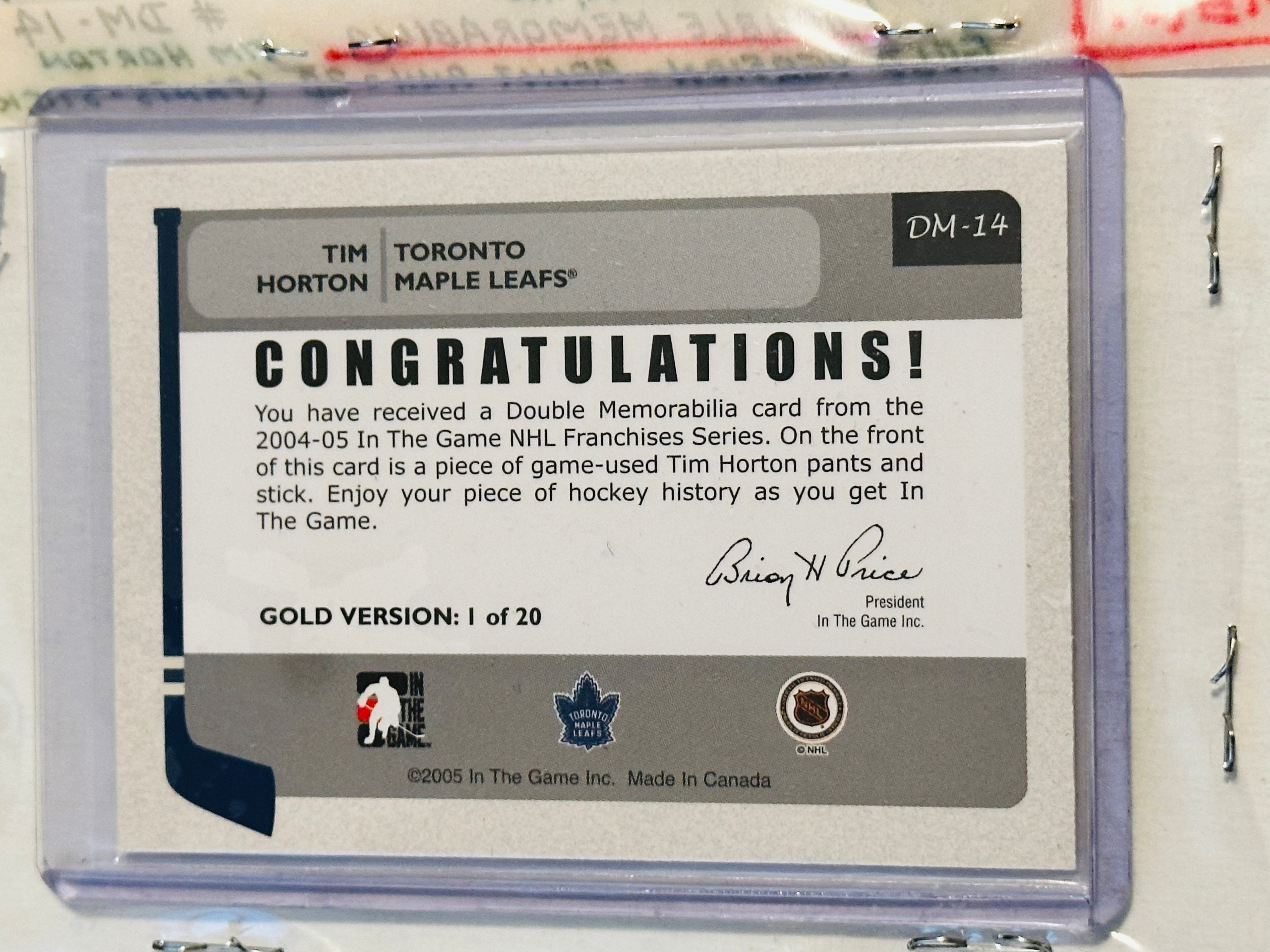 Tim Horton Toronto Maple Leafs hockey rare double memorabilia insert card 2004