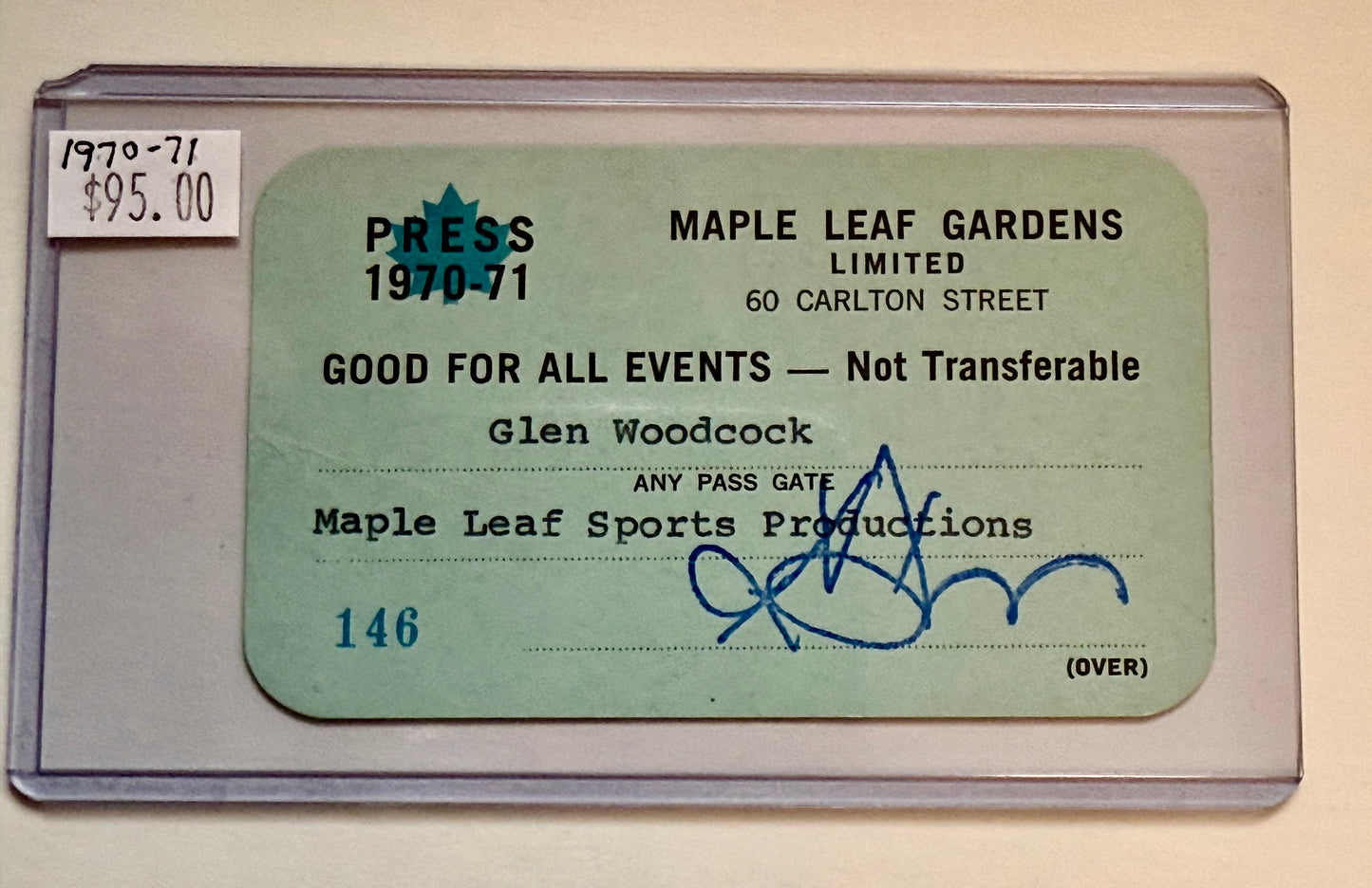 Maple leaf Gardens Hockey original Press pass 1970-71