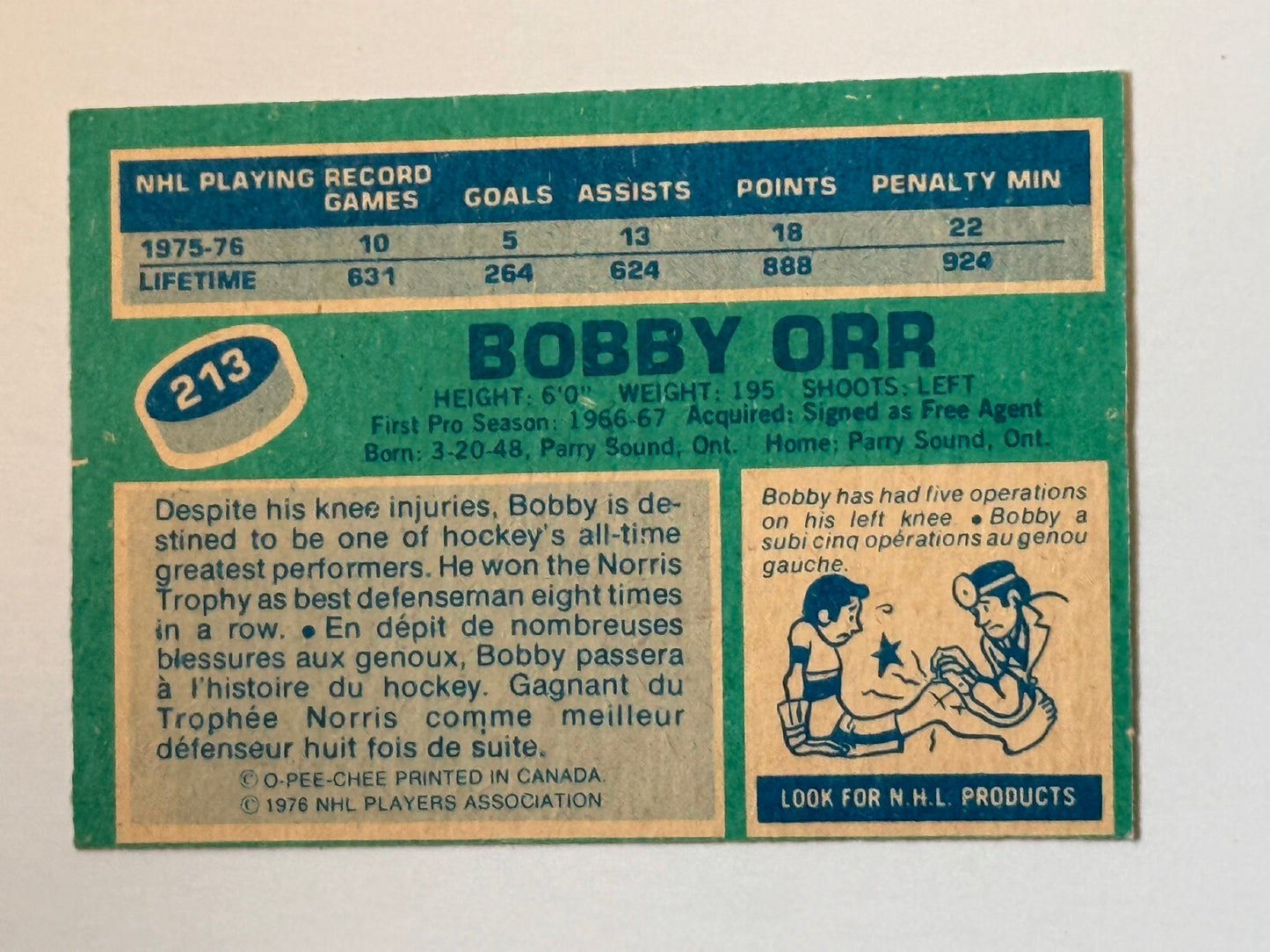 Bobby Orr opc hockey high grade condition card 1976-77