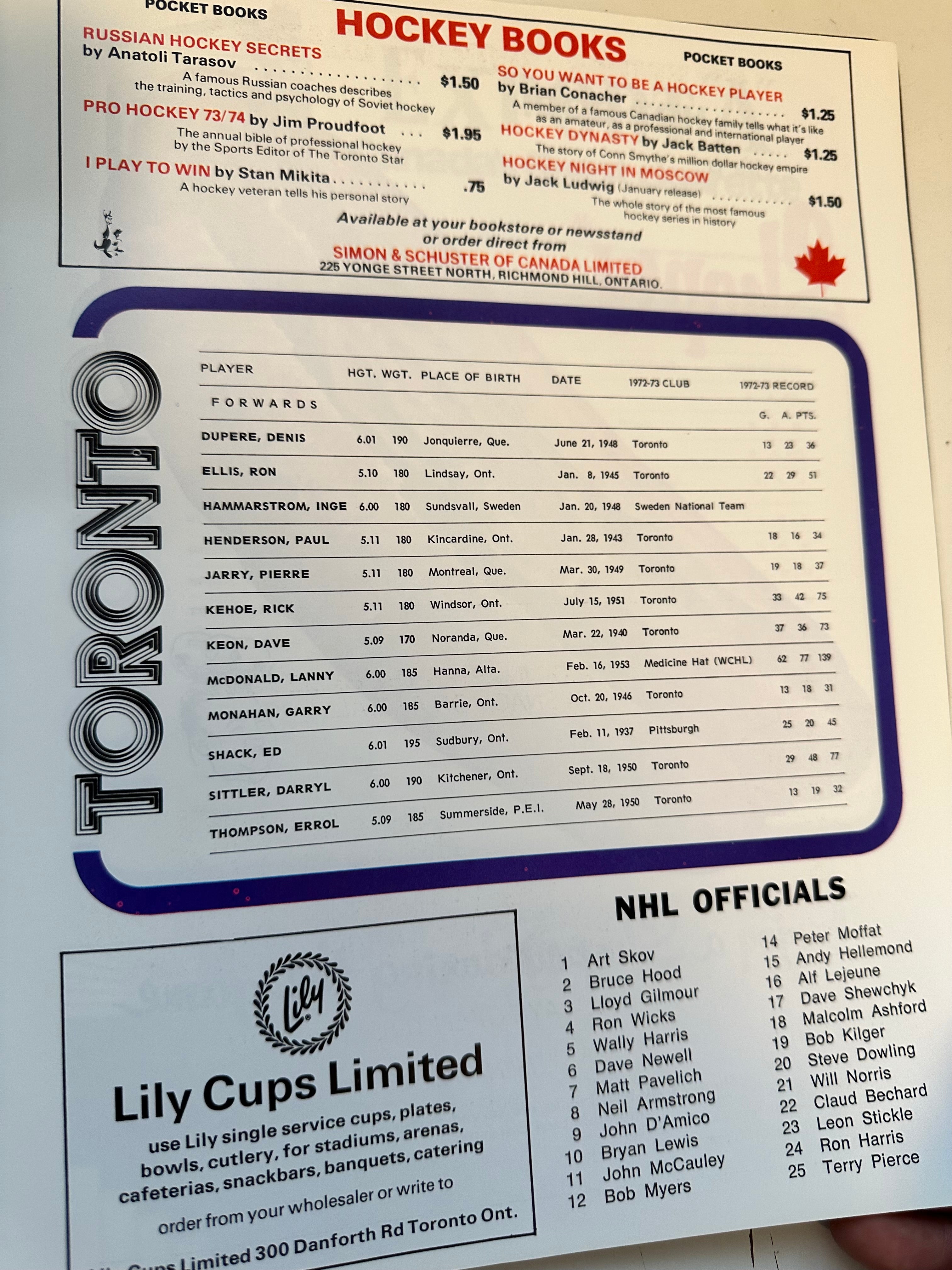 Toronto Maple Leafs hockey game program 1973