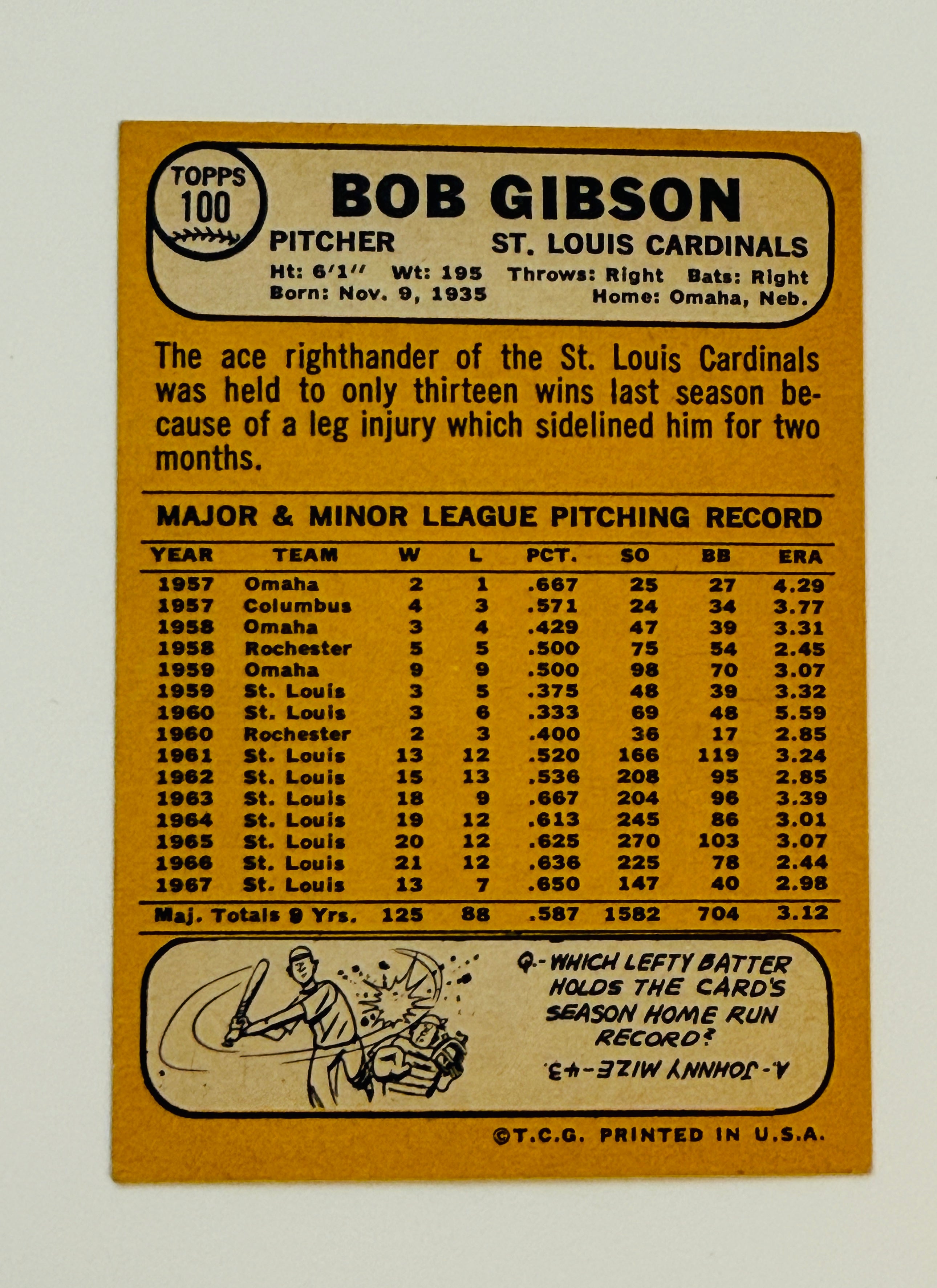 Bob Gibson baseball high grade NM condition card 1968