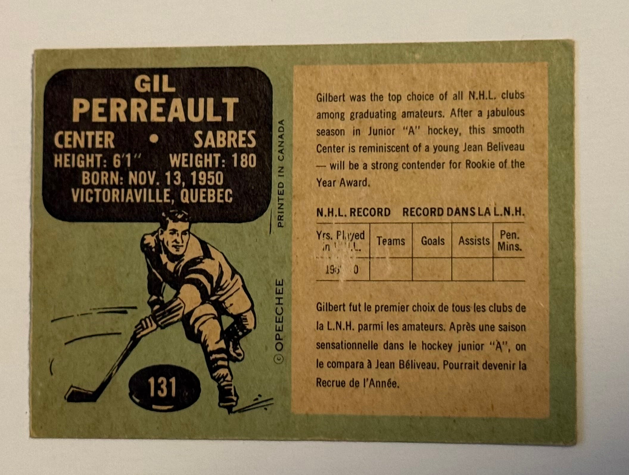 Gil Perreault opc rookie hockey card 1970/71