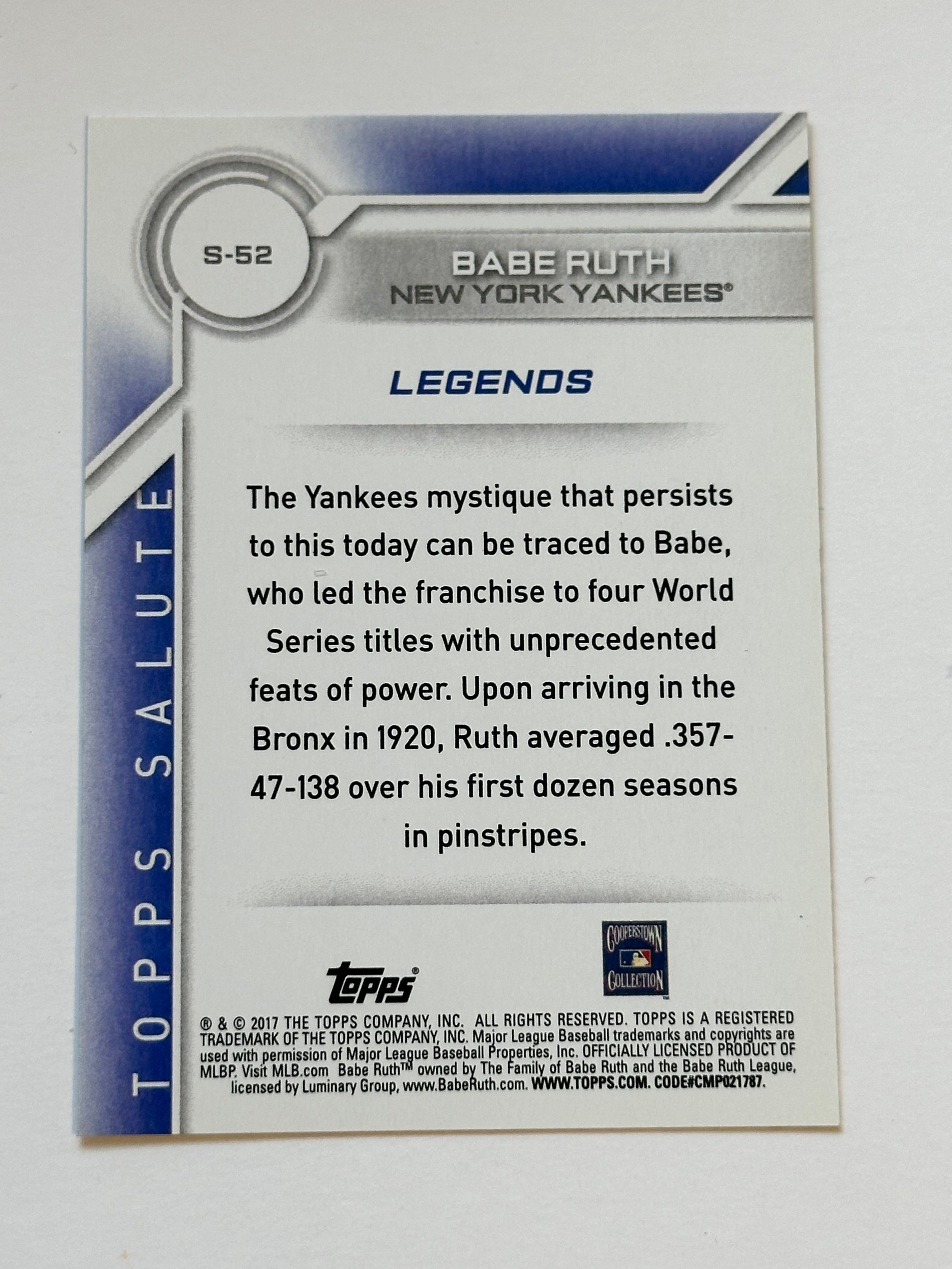 Babe Ruth Legend baseball insert card 2017