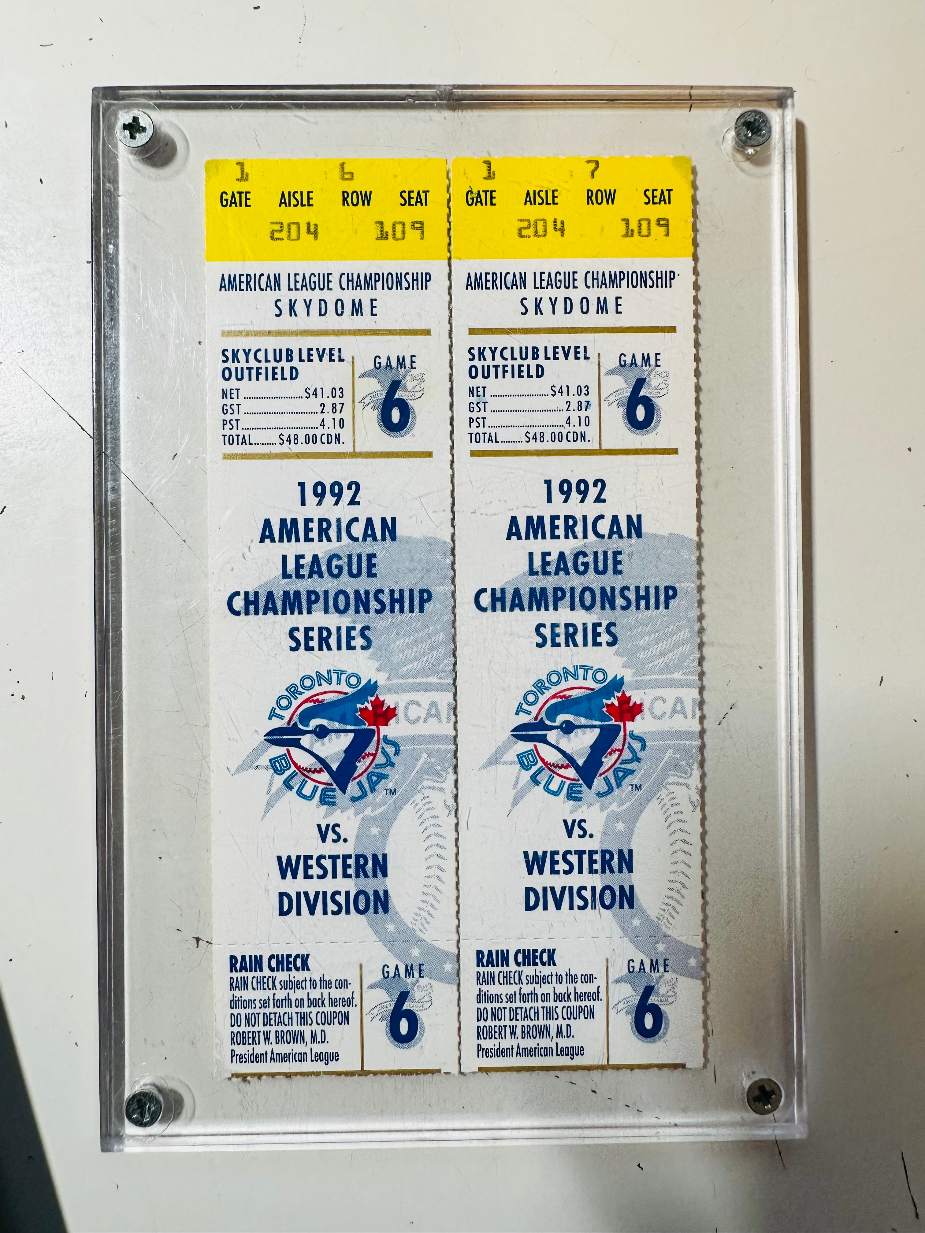 Blue jays ALC baseball playoffs two tickets 1992