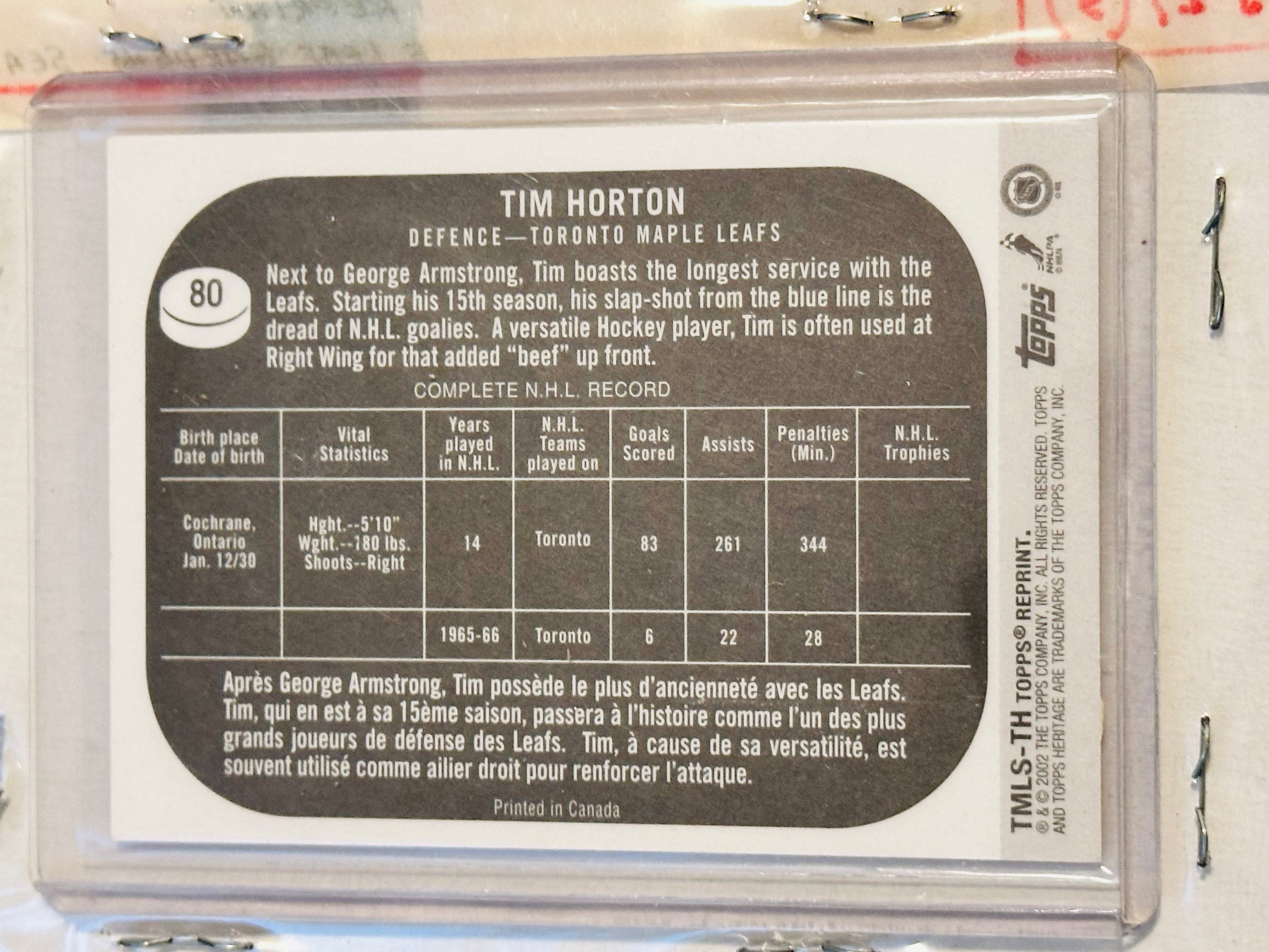 Tim Horton Topps Heritage hockey memorabilia rare insert card 2002-03