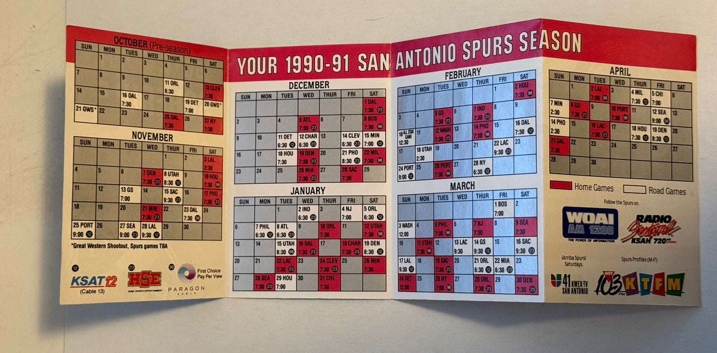 San Antonio Spurs David Robinson, basketball pocket schedule 1990