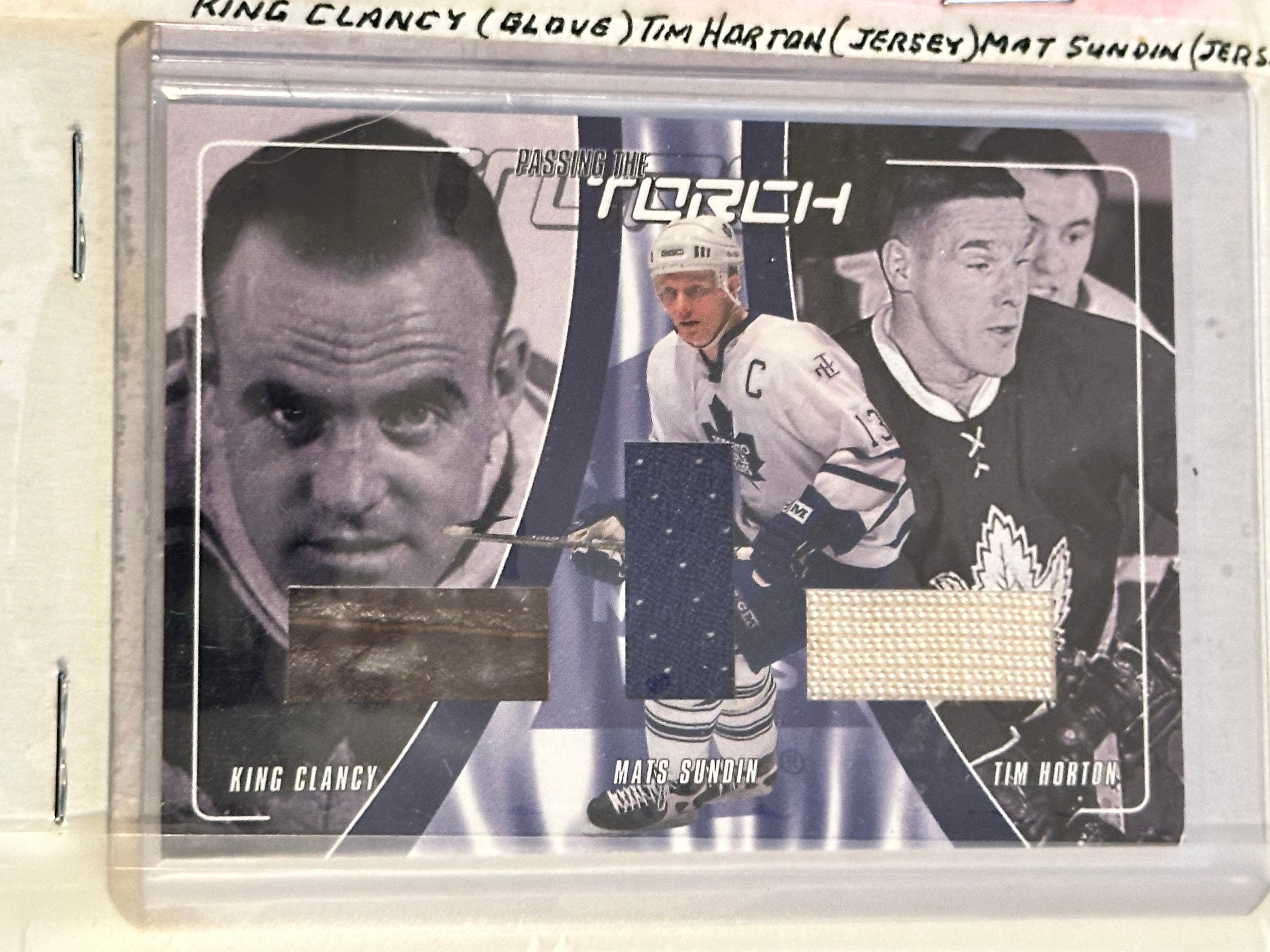 Toronto Maple Leafs Tim Horton , king Clancy, Mats Sundin rare triple memorabilia hockey insert card 2001