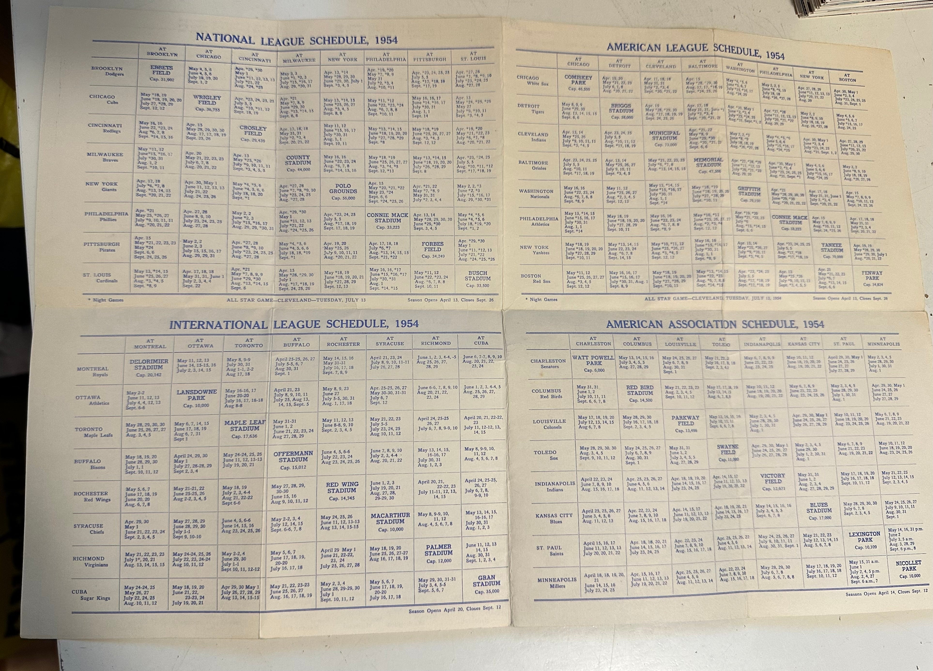 1954 baseball schedule booklet
