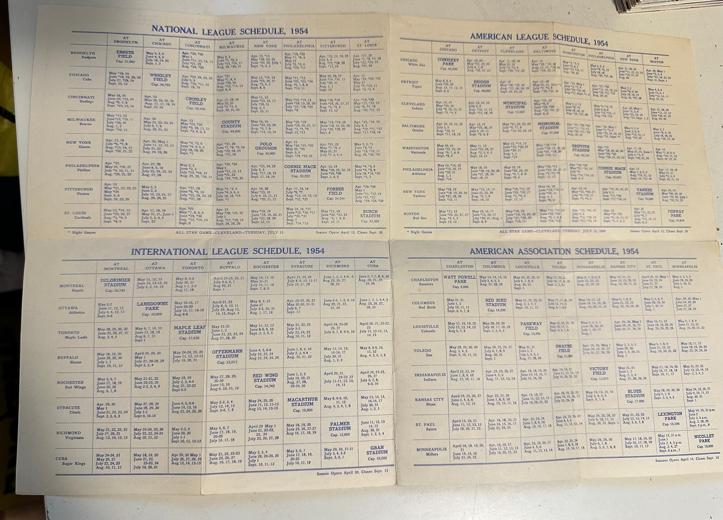 1954 baseball schedule booklet