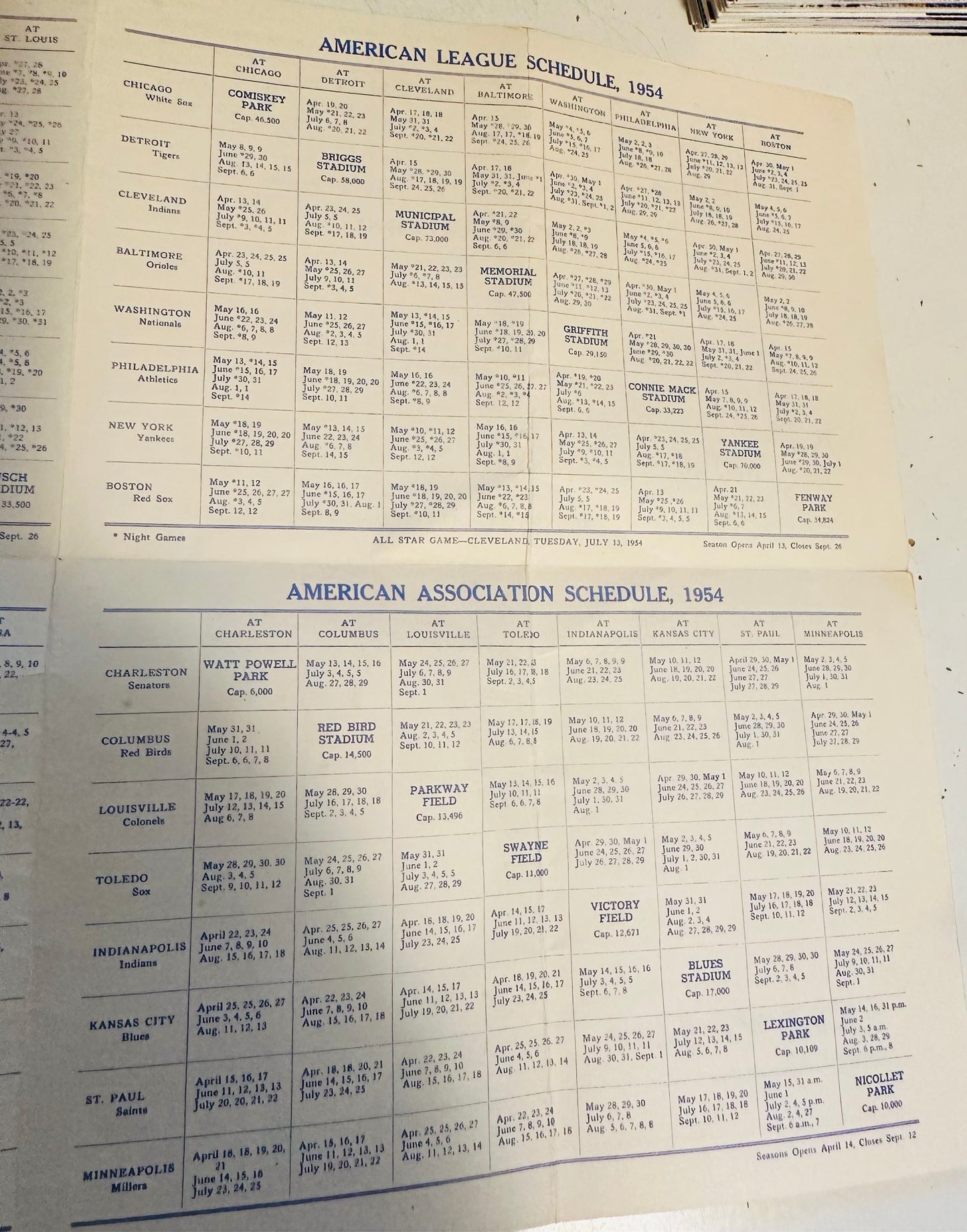 1954 baseball schedule booklet