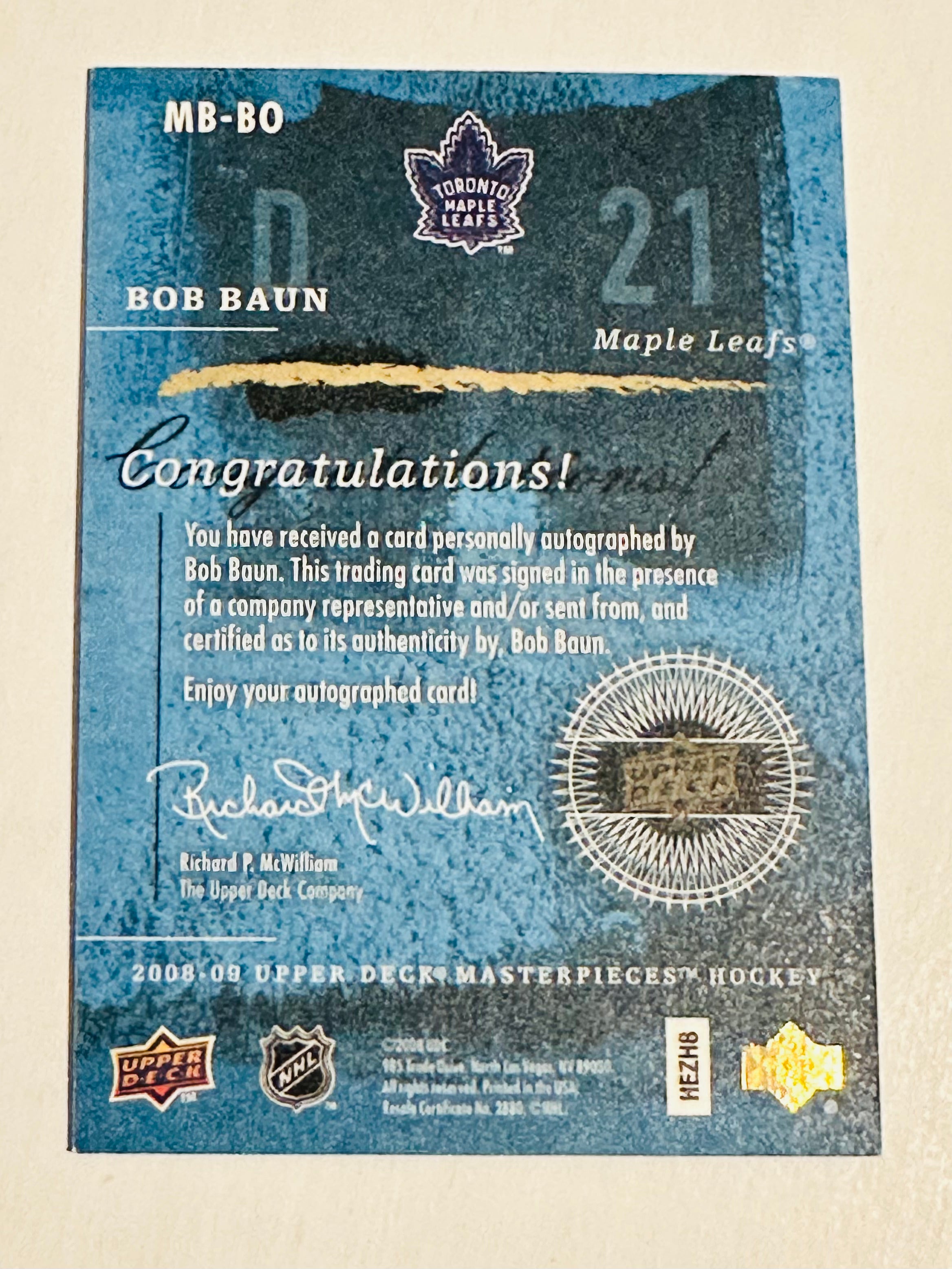 Bobby Baun Toronto Maple hockey autograph insert card