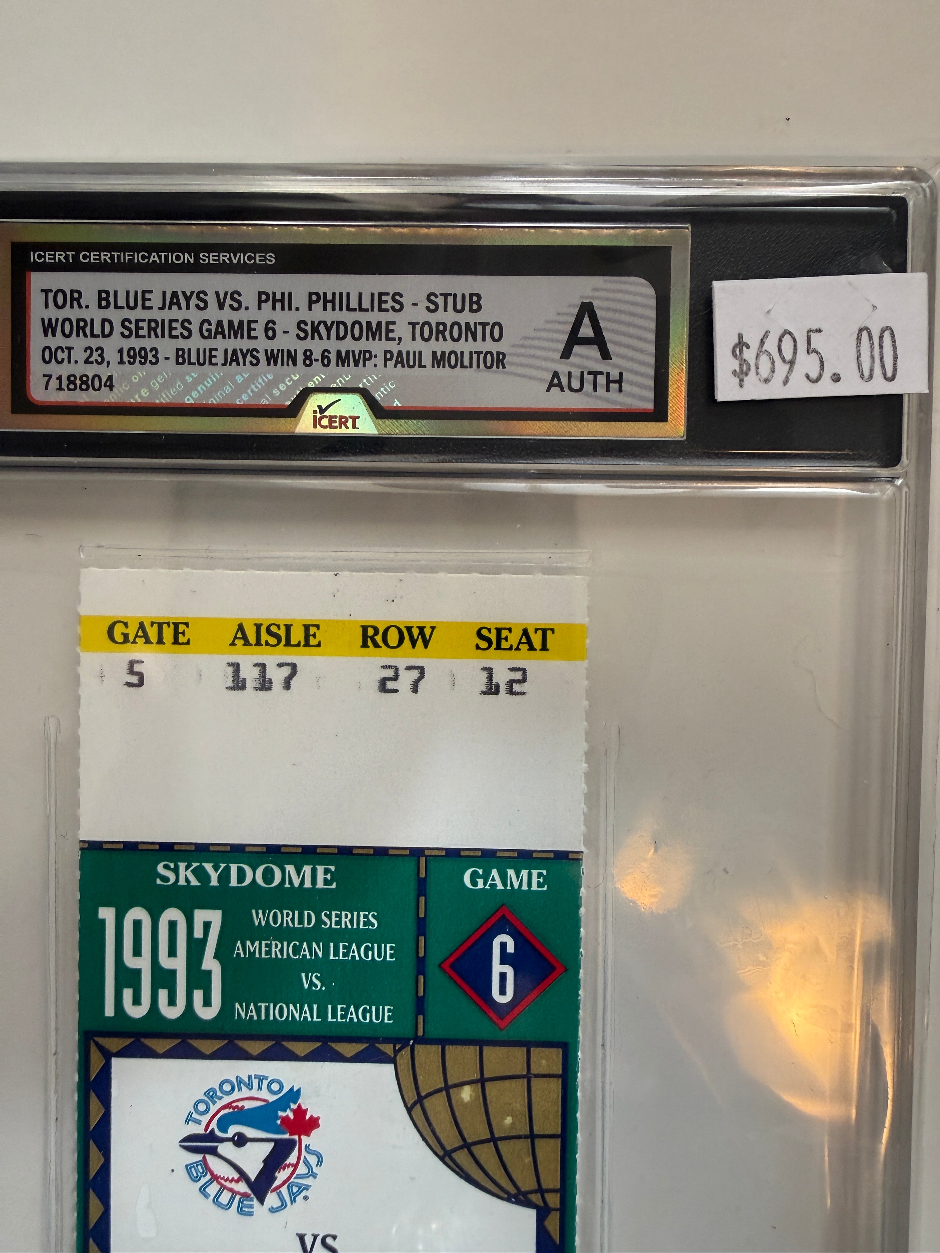 1993 Blue Jays baseball World Series game 6 graded game winning ticket
