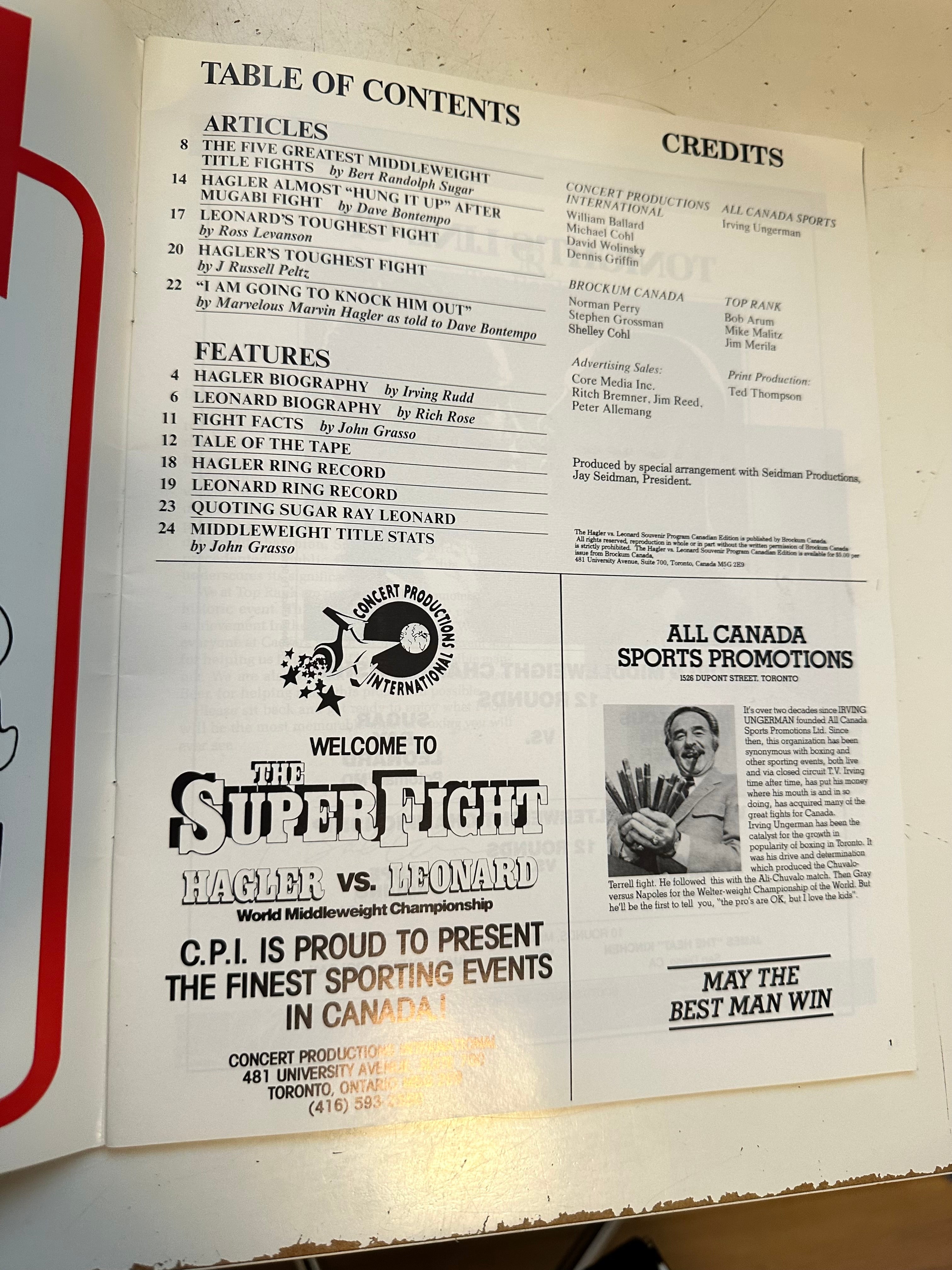 Caesars Palace boxing program Hagler versus Leonard, 1987