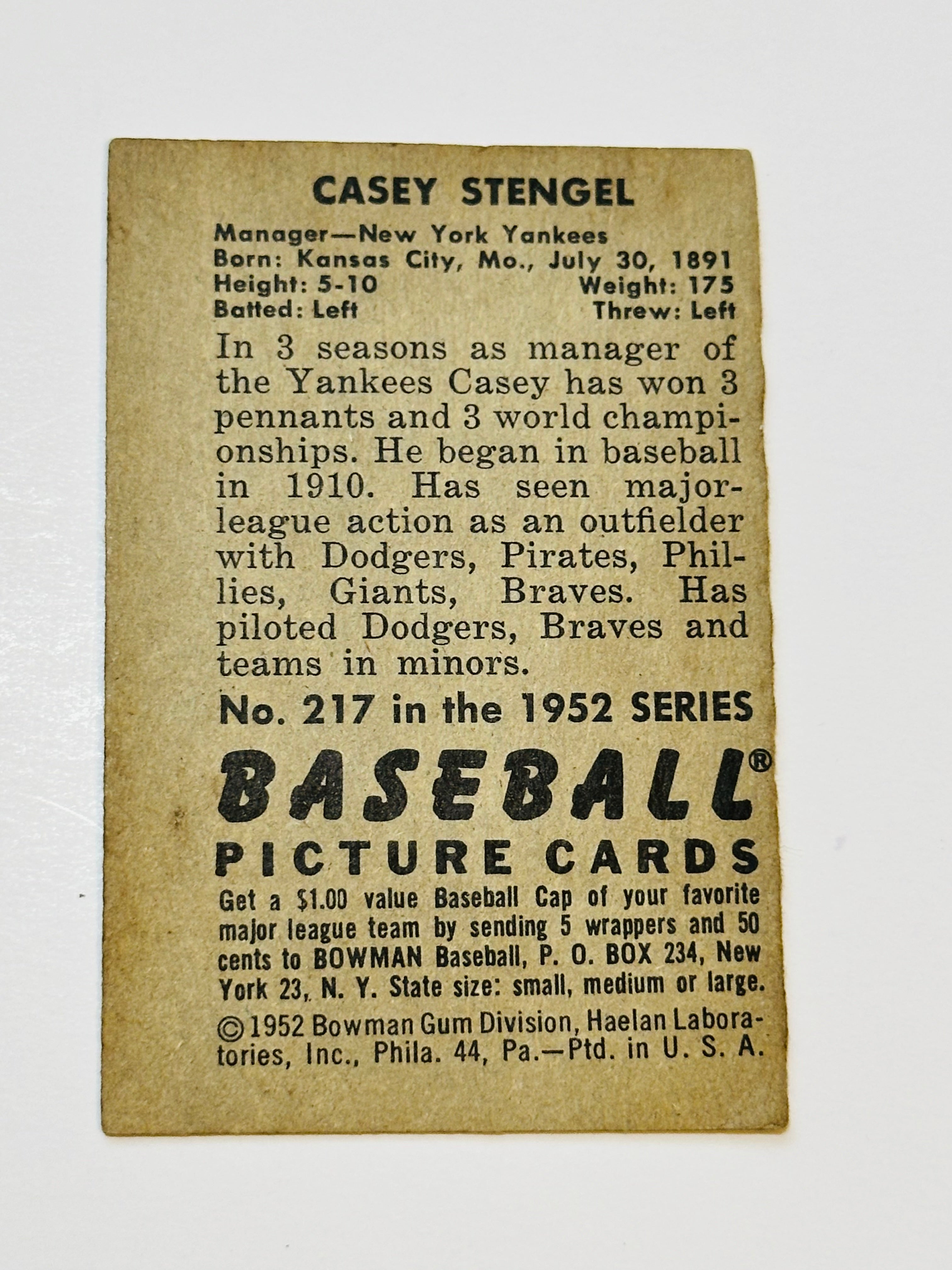 1952 Bowman, Casey Stangel vintage baseball card