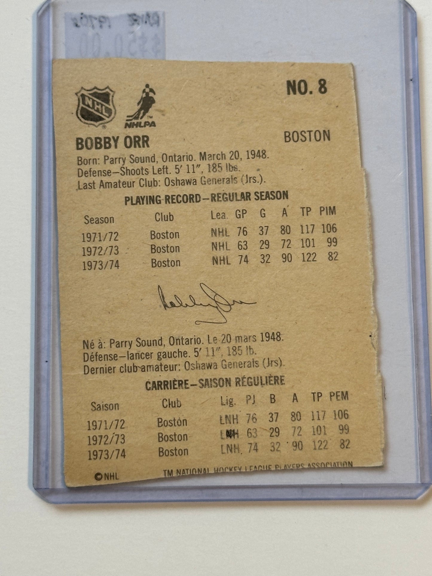 Bobby Orr Lipton’s soup rare vintage cut hockey card 1974