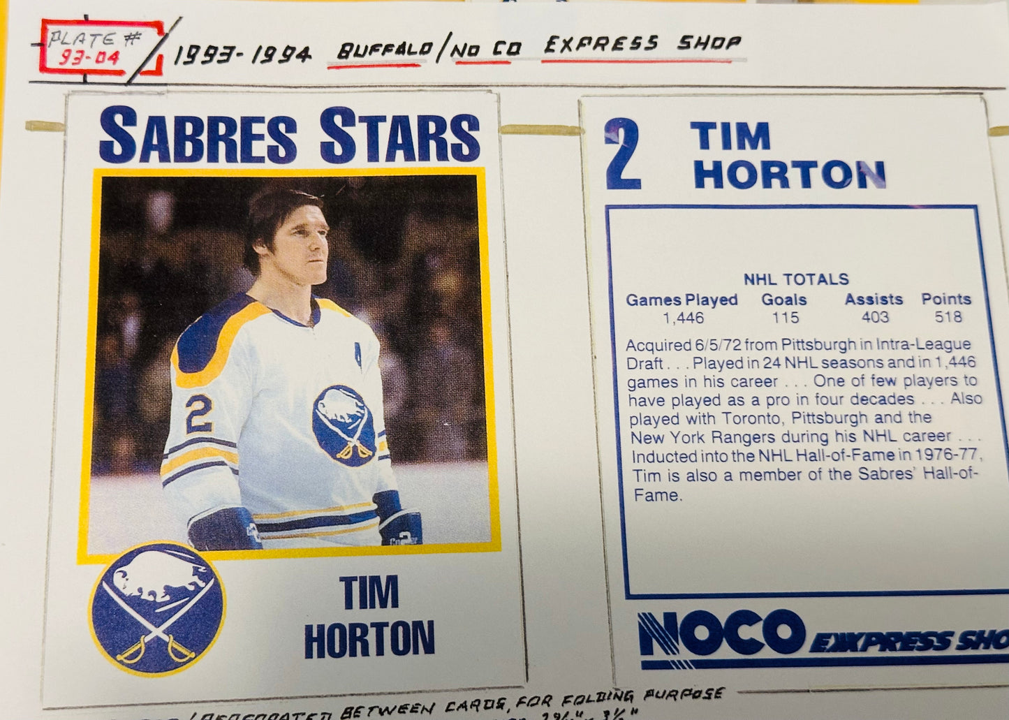 Tim Horton rare Buffalo Sabres Noco express shop hockey cards panel set 1993