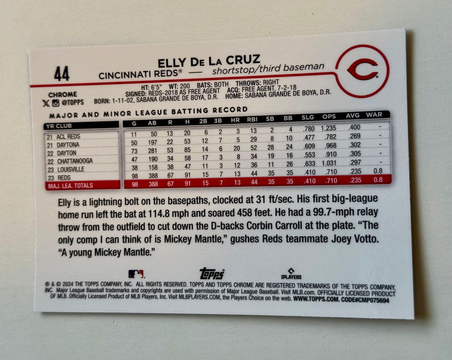 Elly De La Cruz Topps Chrome baseball high grade condition rookie card