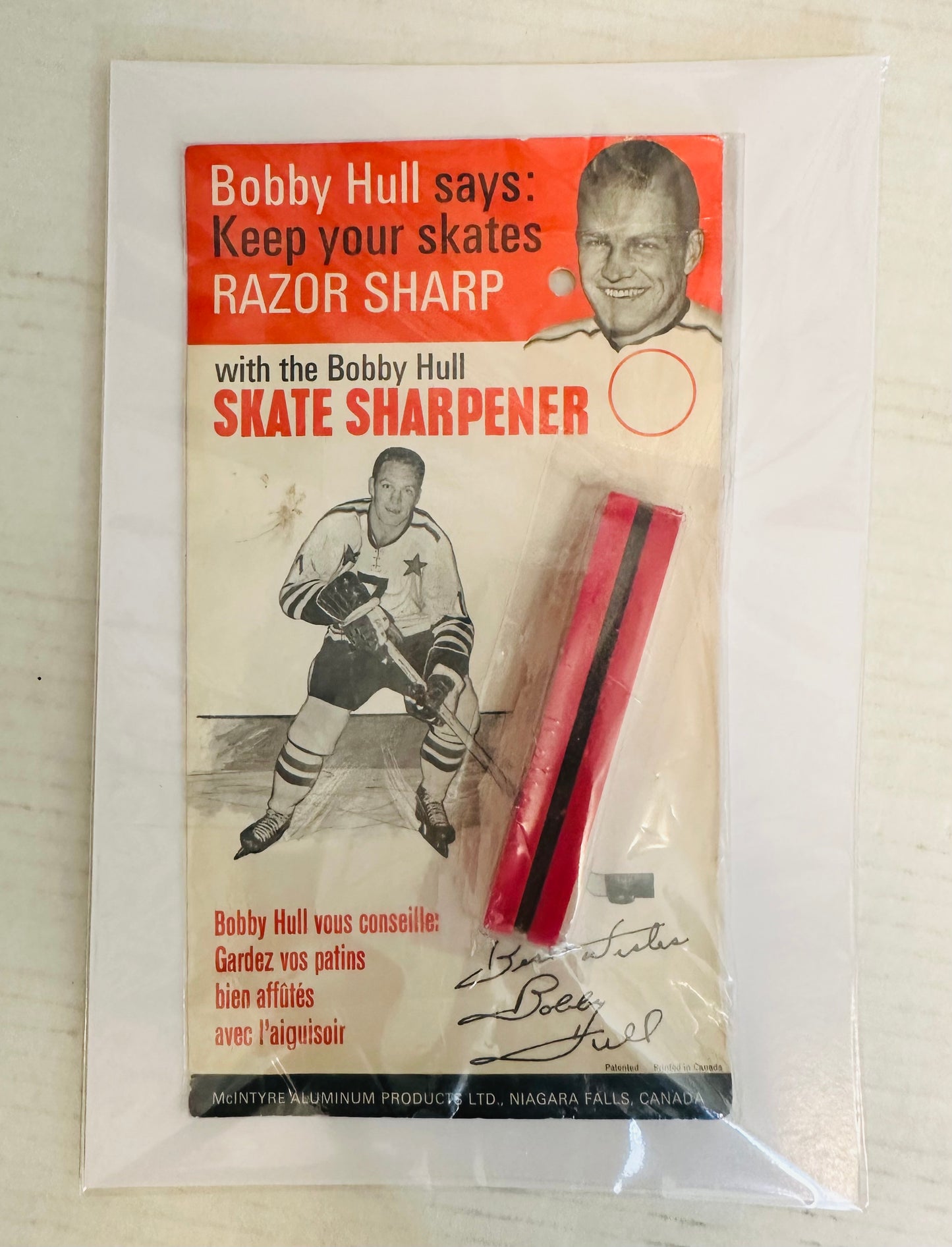 Bobby Hull hockey Skate Sharpner package 1970