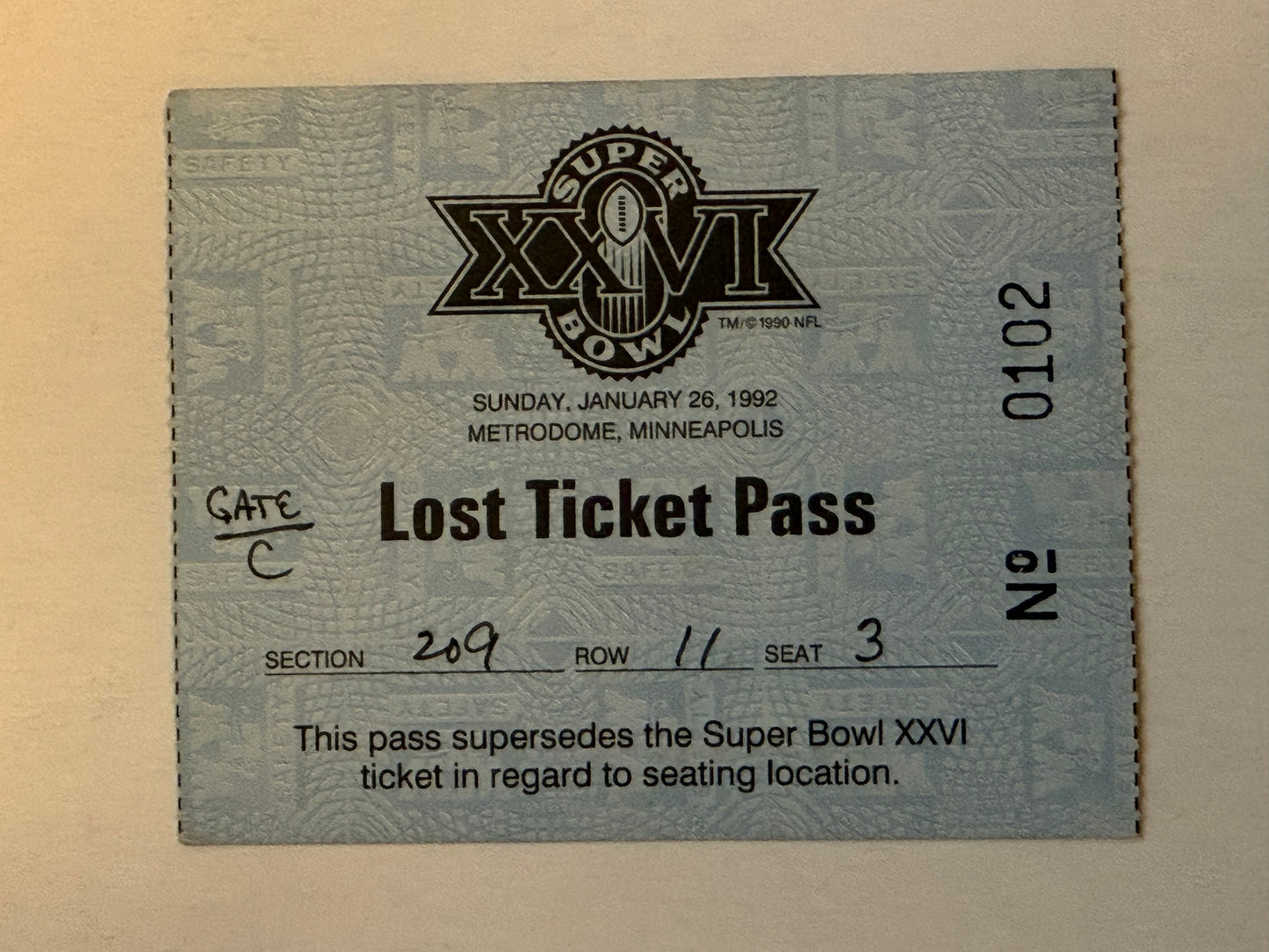 Super Bowl football game rare Lost Ticket pass 1992