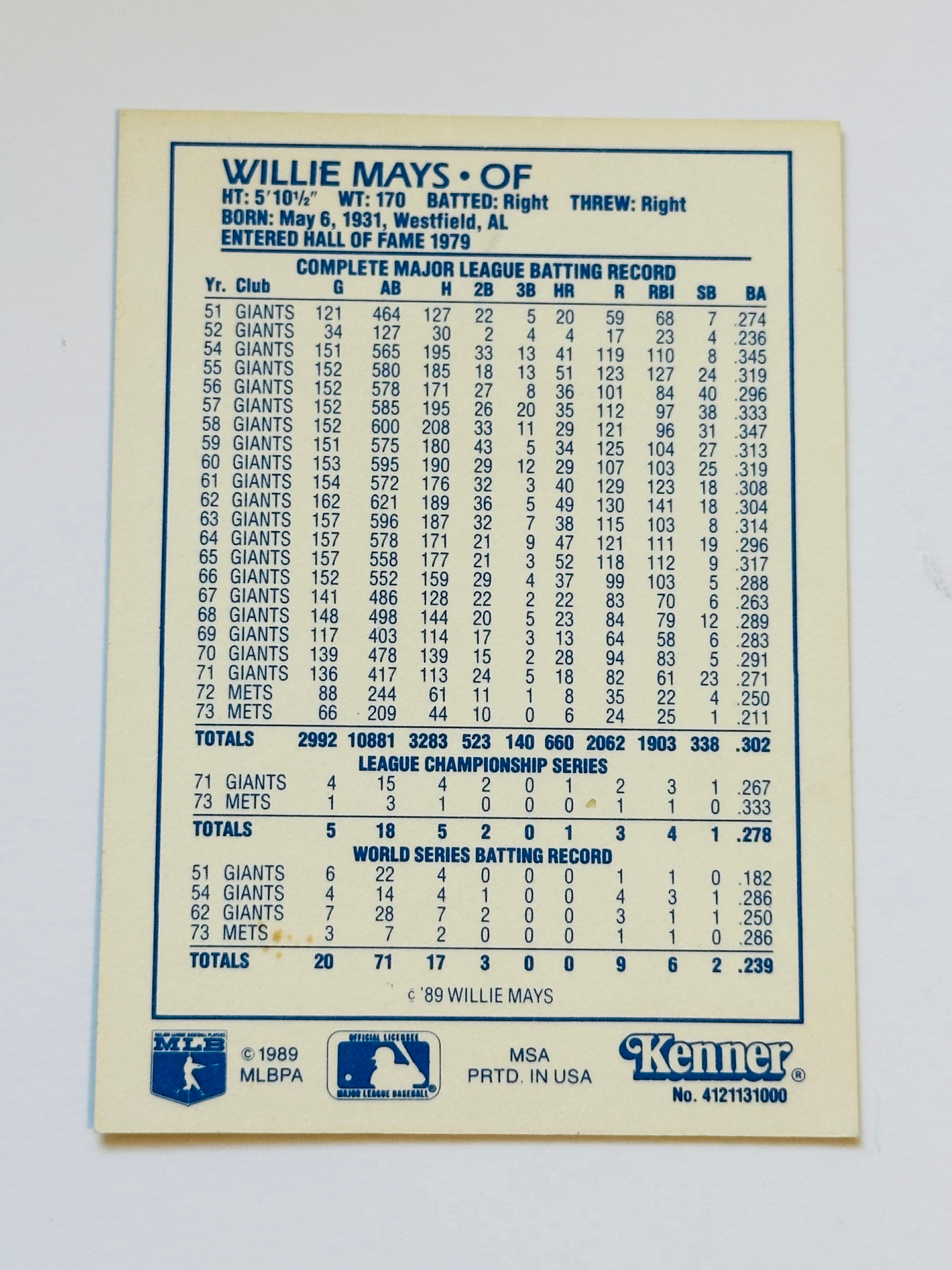Willie Mays Kenner starting lineup rare insert card 1989