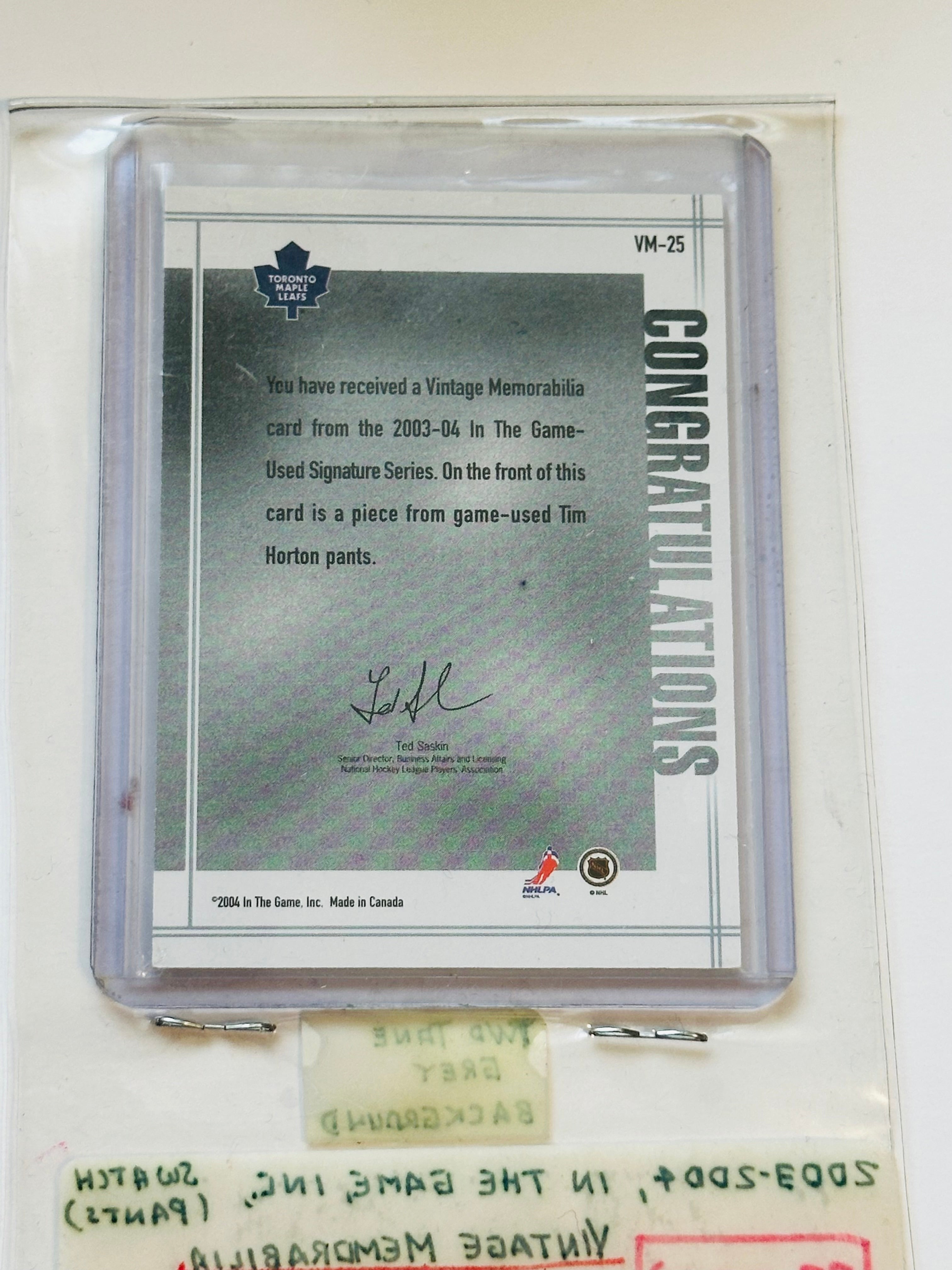 Tim Horton leafs hockey legends in the game rare memorabilia insert hockey card 2003-04