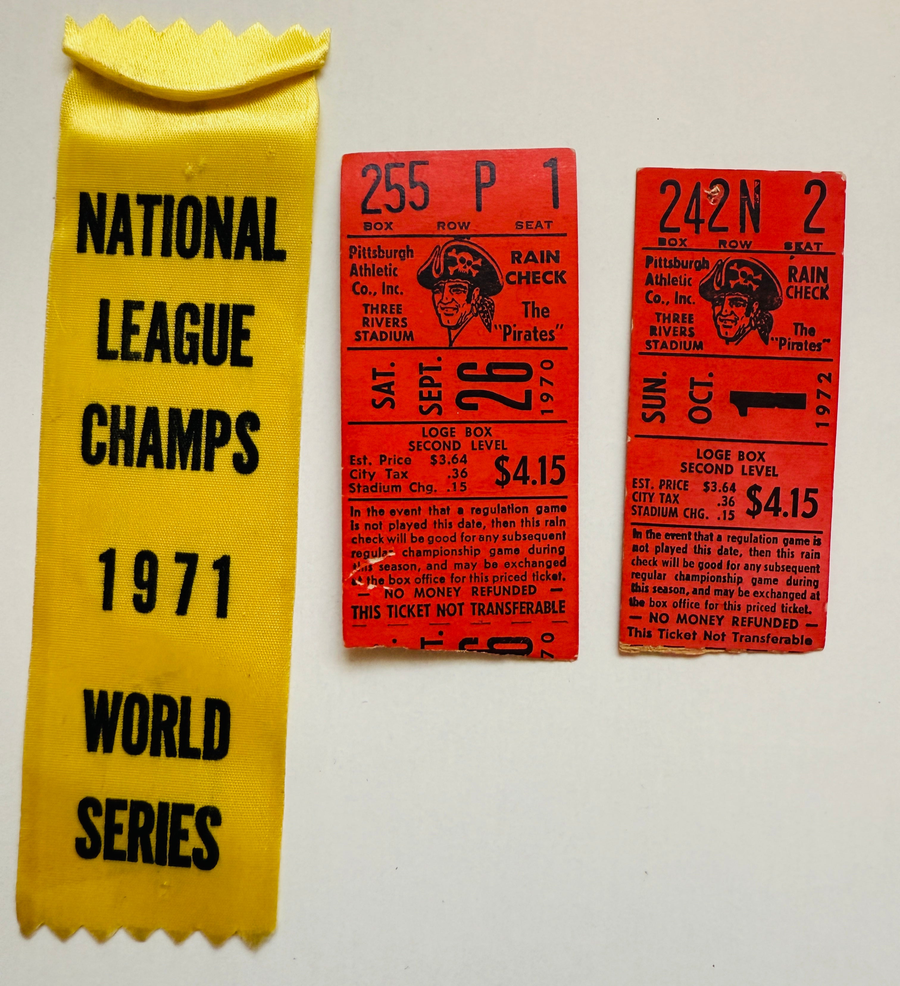 Pittsburgh Pirates baseball world series ribbon and tickets 1971,1972 lot deal