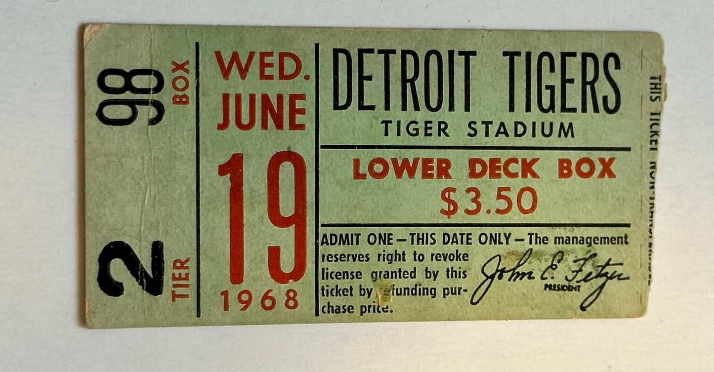 Detroit Tigers baseball vintage ticket 1968