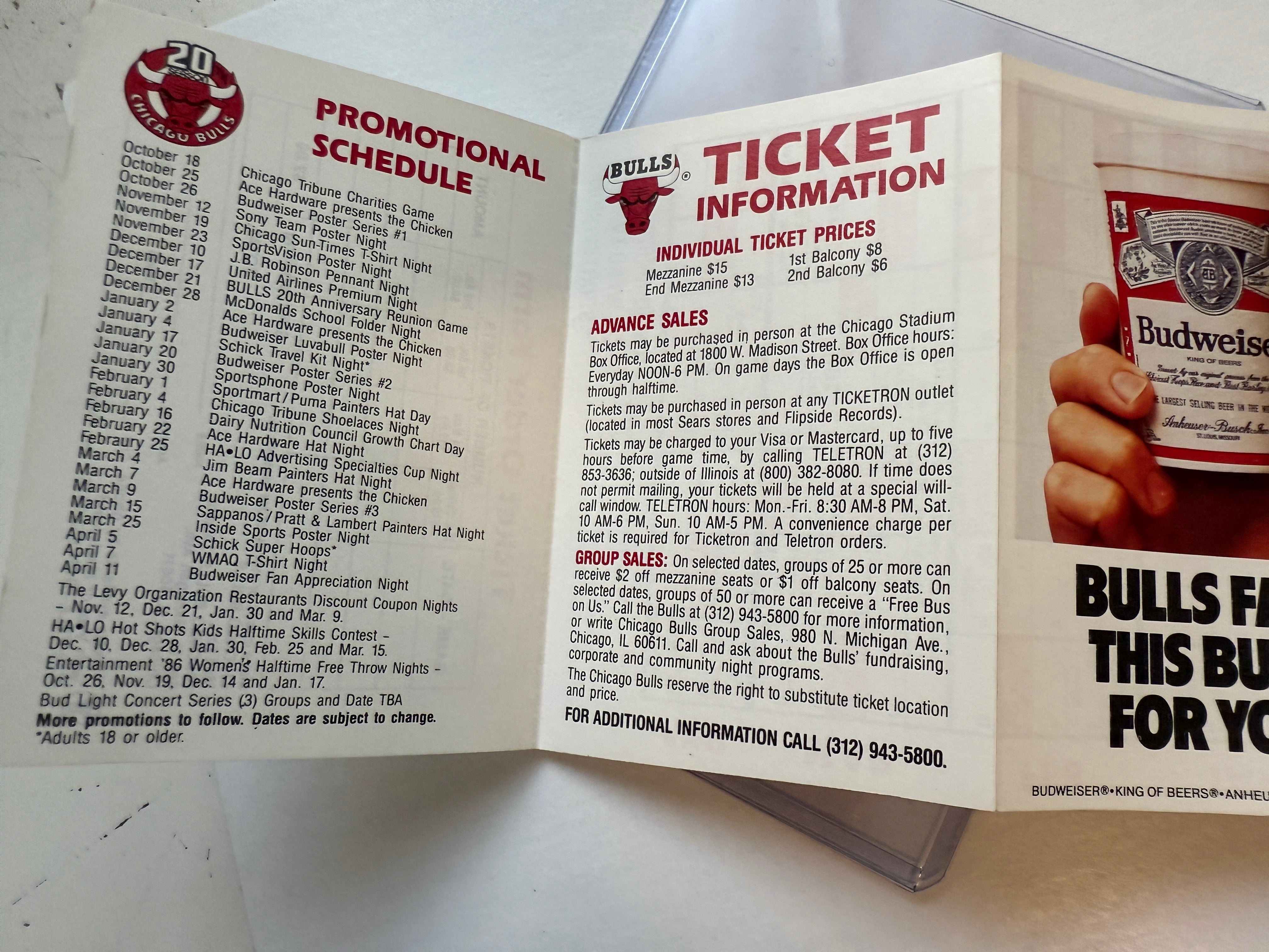 Michael Jordan rare Chicago Bulls basketball pocket schedule 1985-86 rookie year
