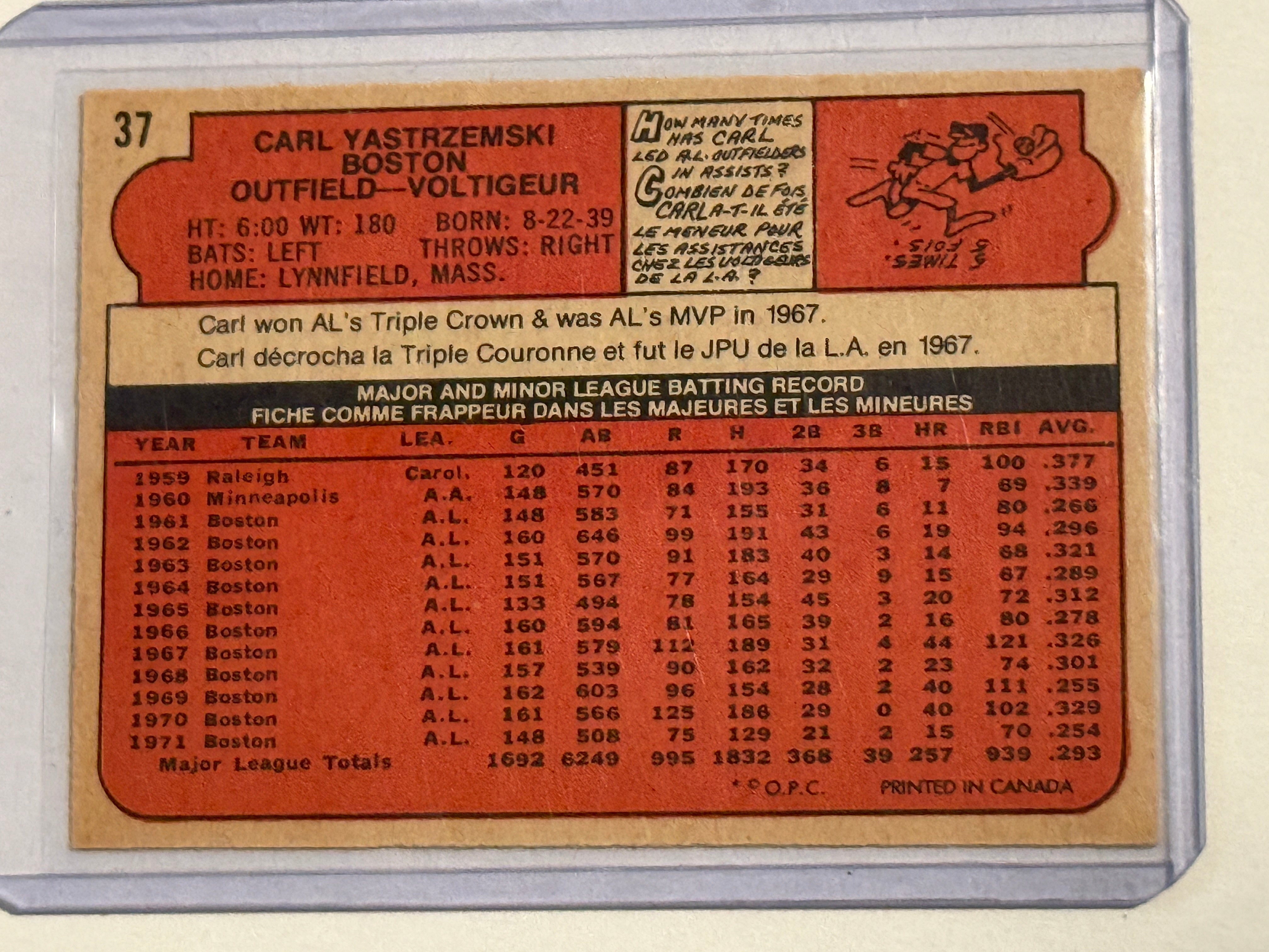 Carl Yastrzemski rare OPC baseball card 1972