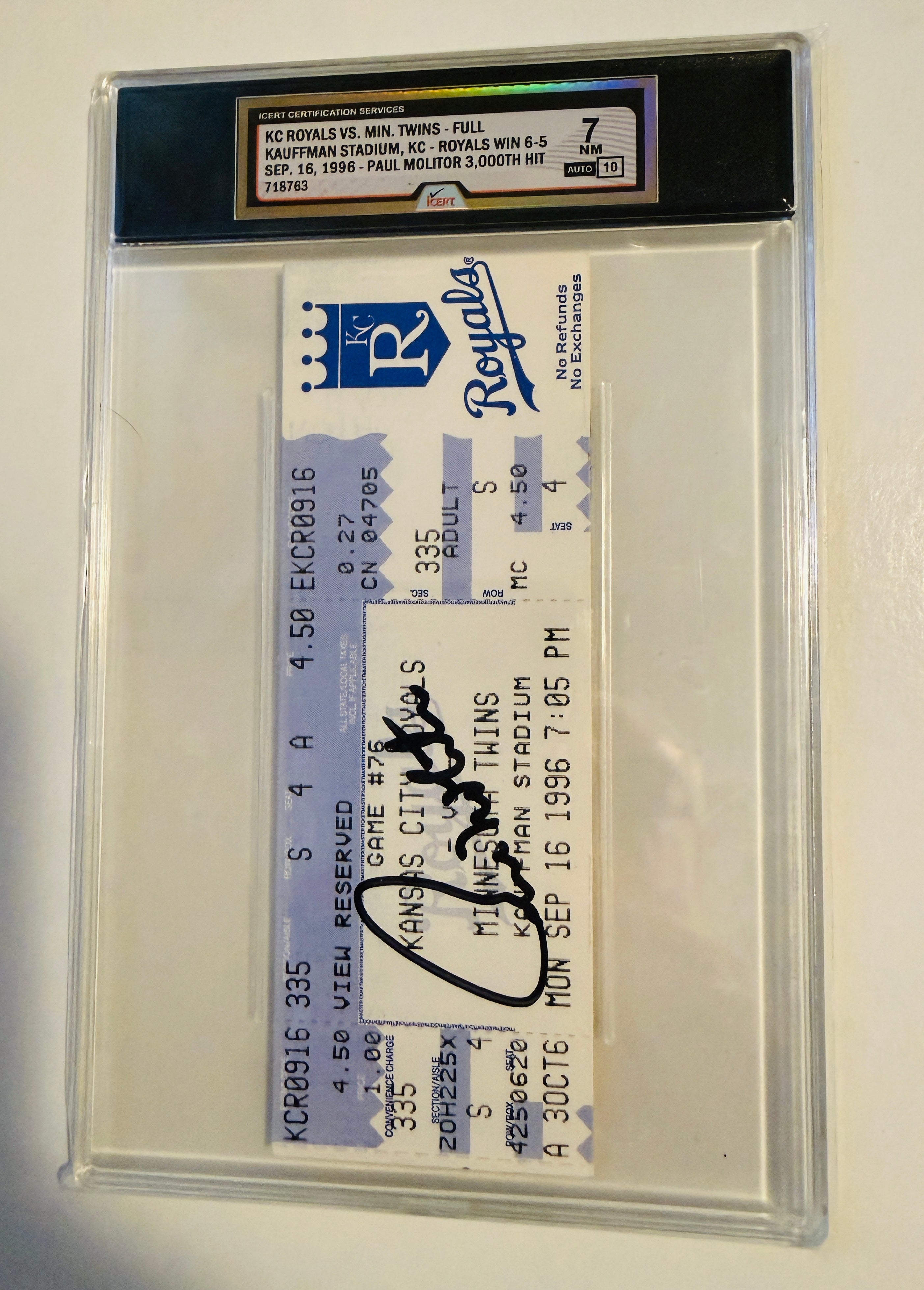Paul Molitor rare graded and certified autographed 3000 hits game used ticket sept. 16, 1996