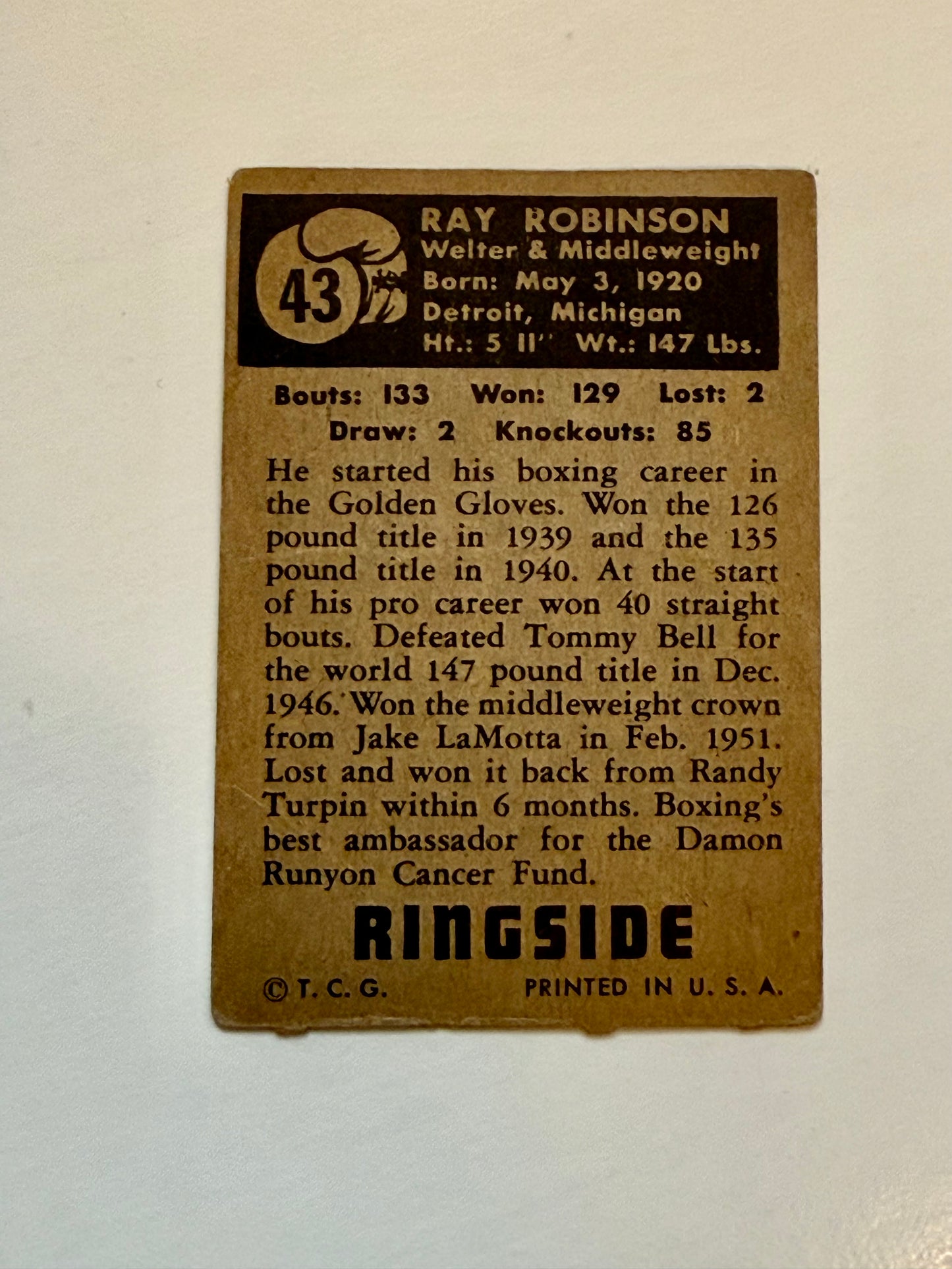 Sugar Ray Robinson rare vintage ringside boxing card 1951