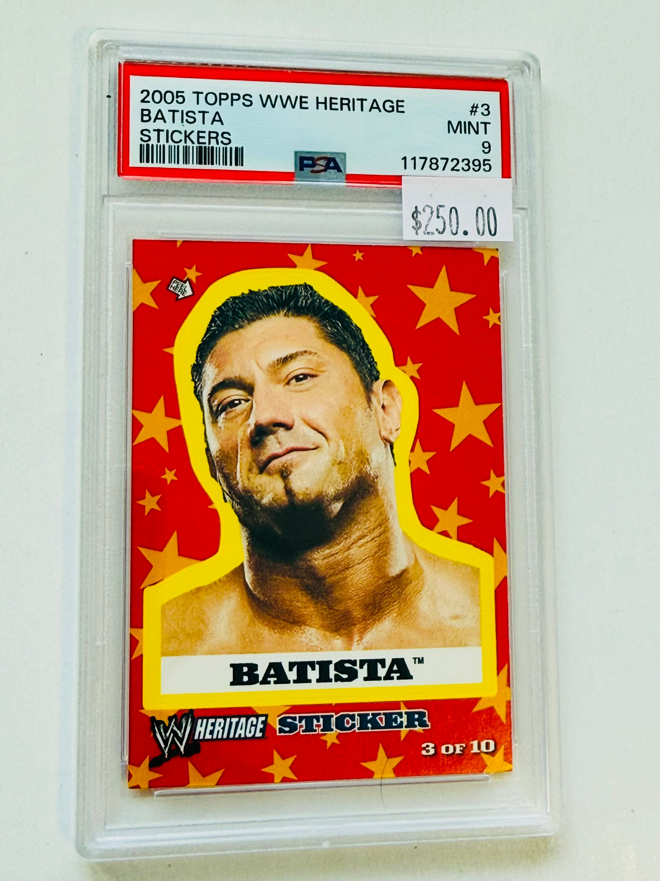 Wrestling legend Batista PSA nine graded Topps Heritage sticker 2005