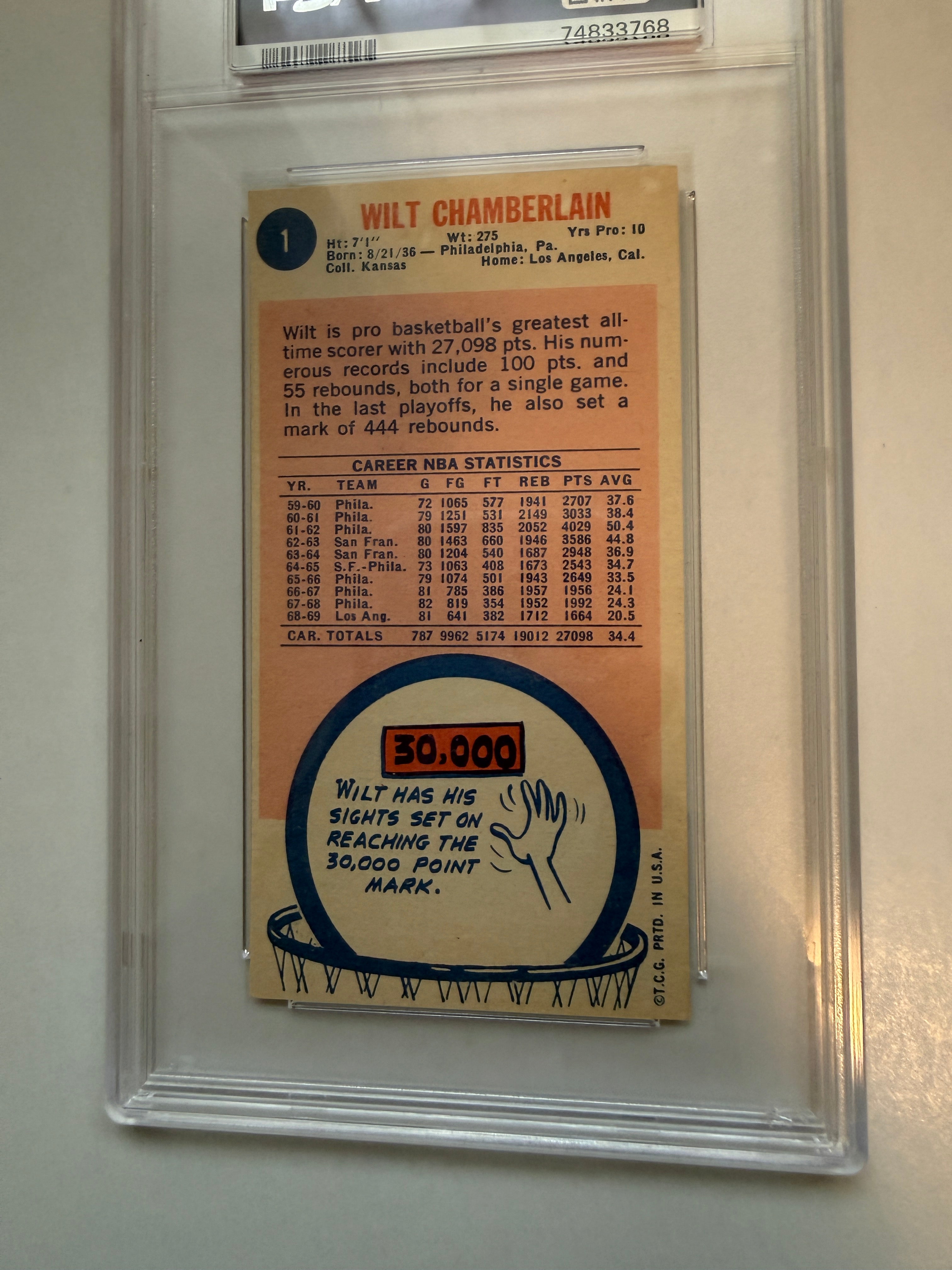 Wilt Chamberlain, NBA legend rare PSA 6 graded basketball card 1969