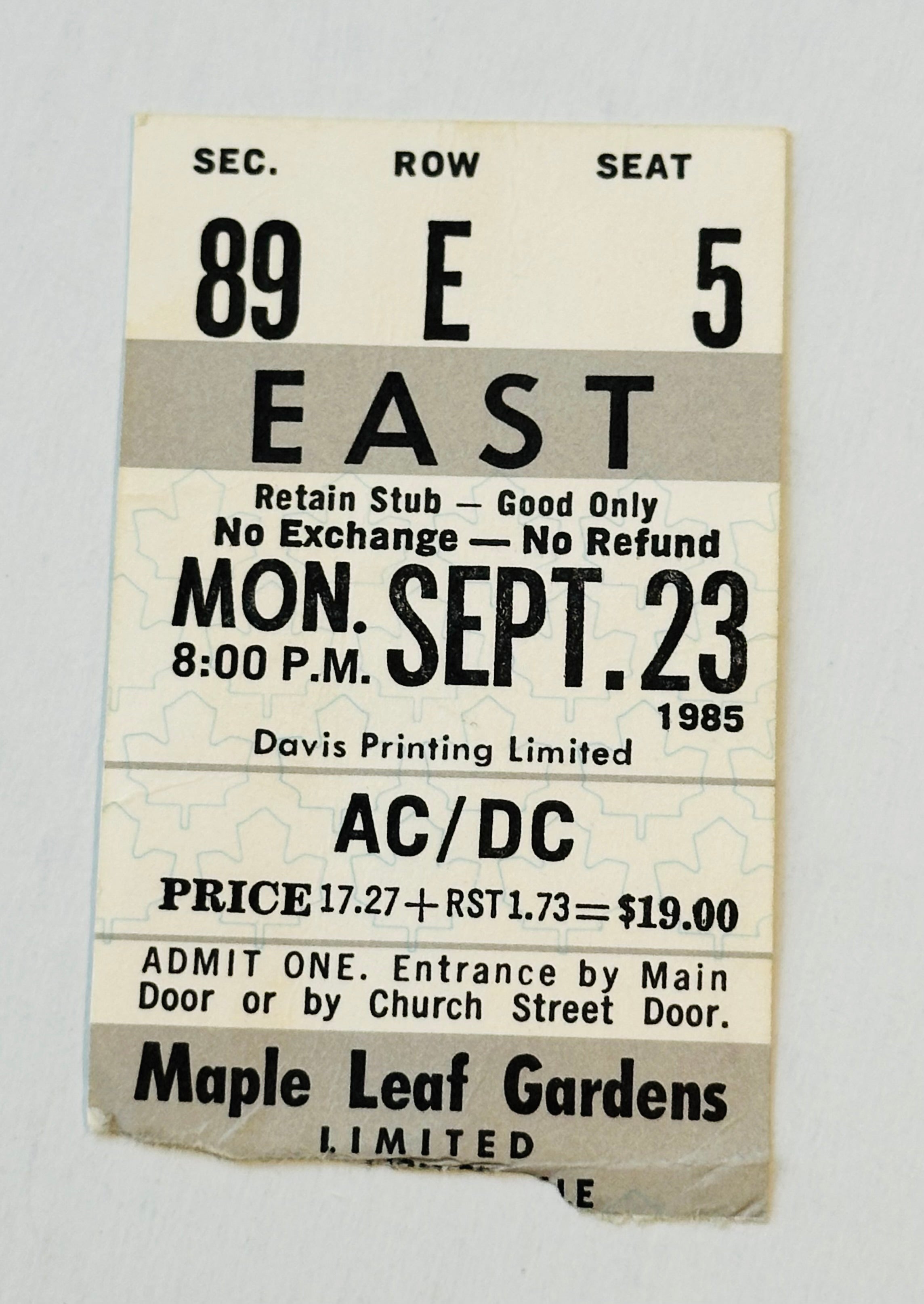 AC/DC rare Maple leaf gardens concert ticket 1985