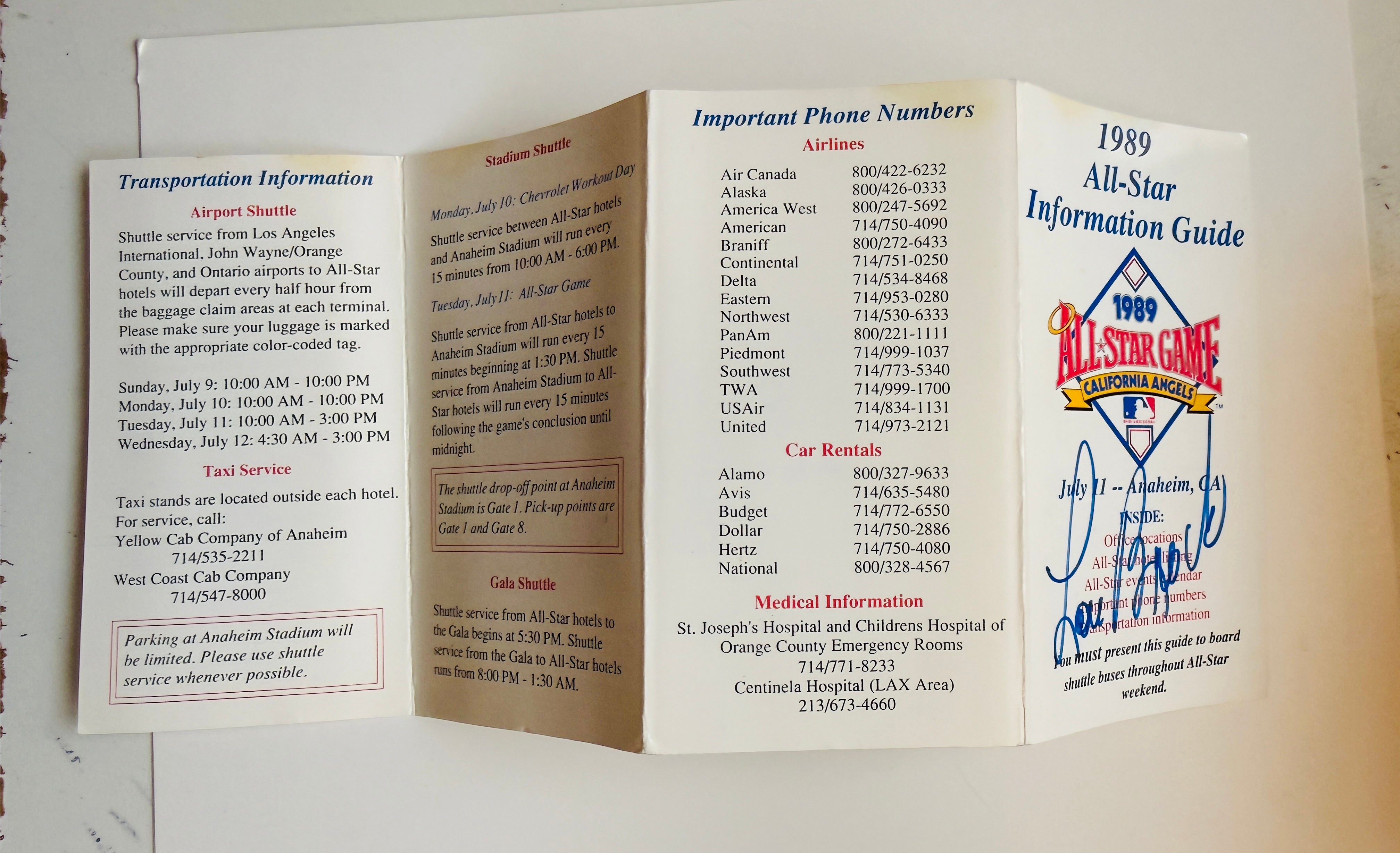 Lou Brock All-Star game signed information guide certified 1989