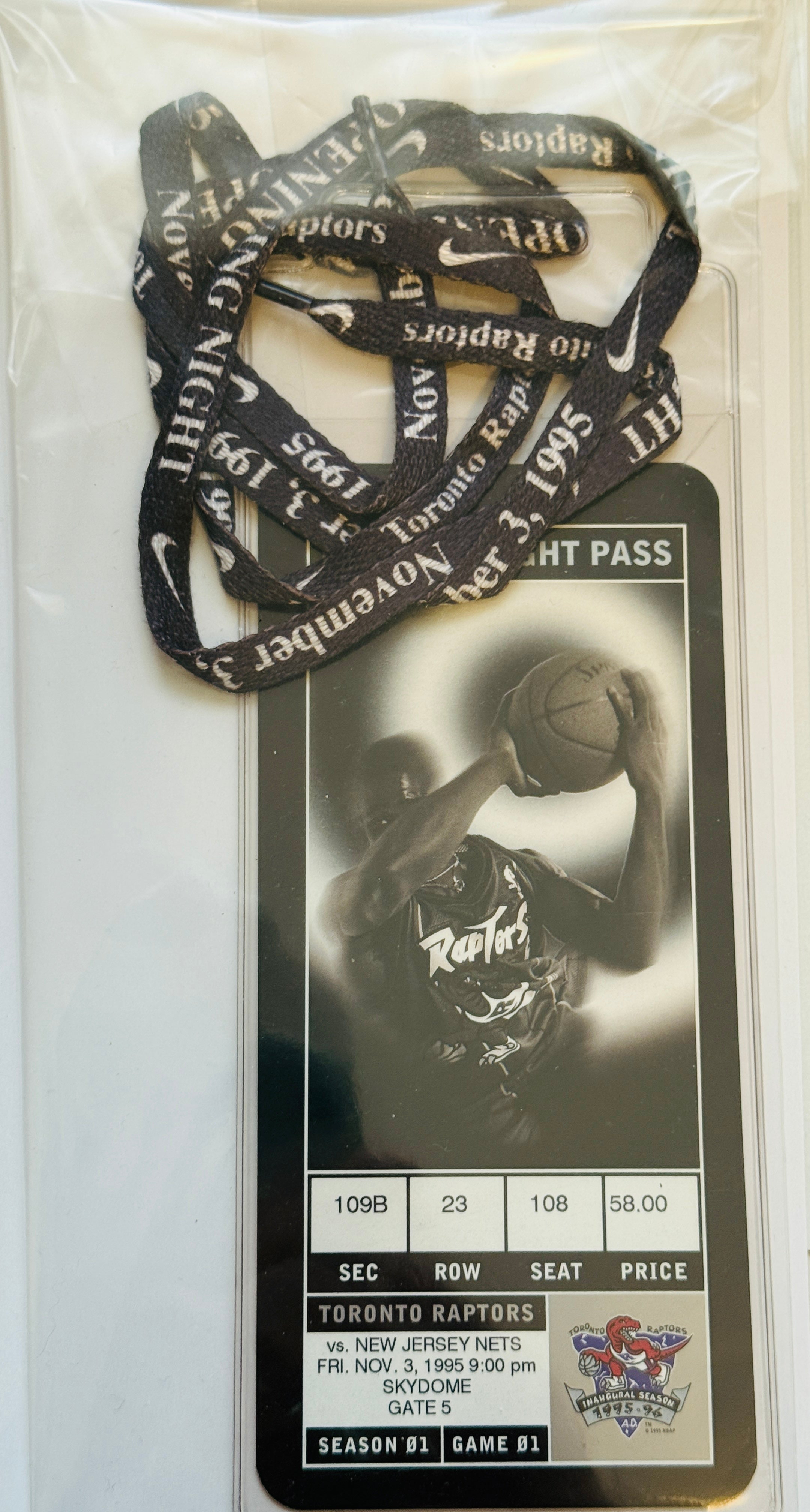 Toronto Raptors basketball rare first game ticket with Nike lanyard 1995