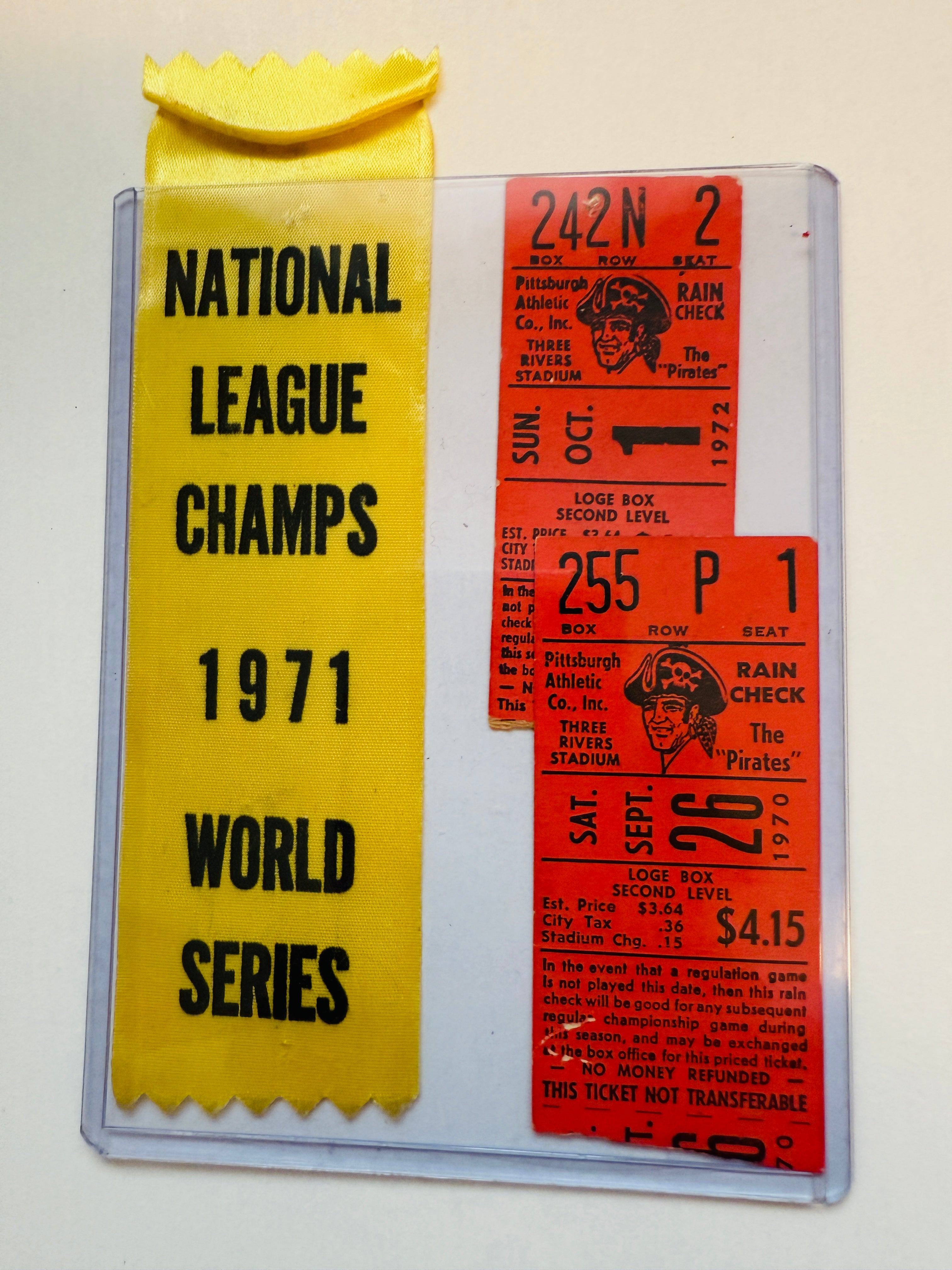 Pittsburgh Pirates baseball world series ribbon and tickets 1971,1972 lot deal