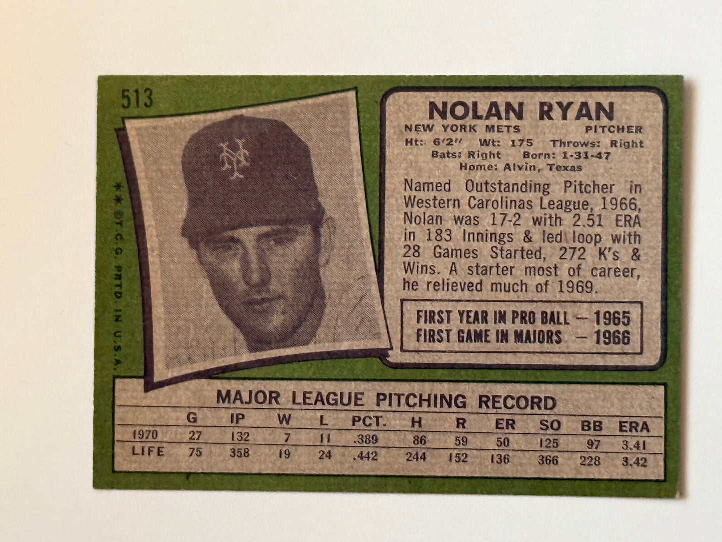 Nolan Ryan Topps ex condition or better baseball card 1971