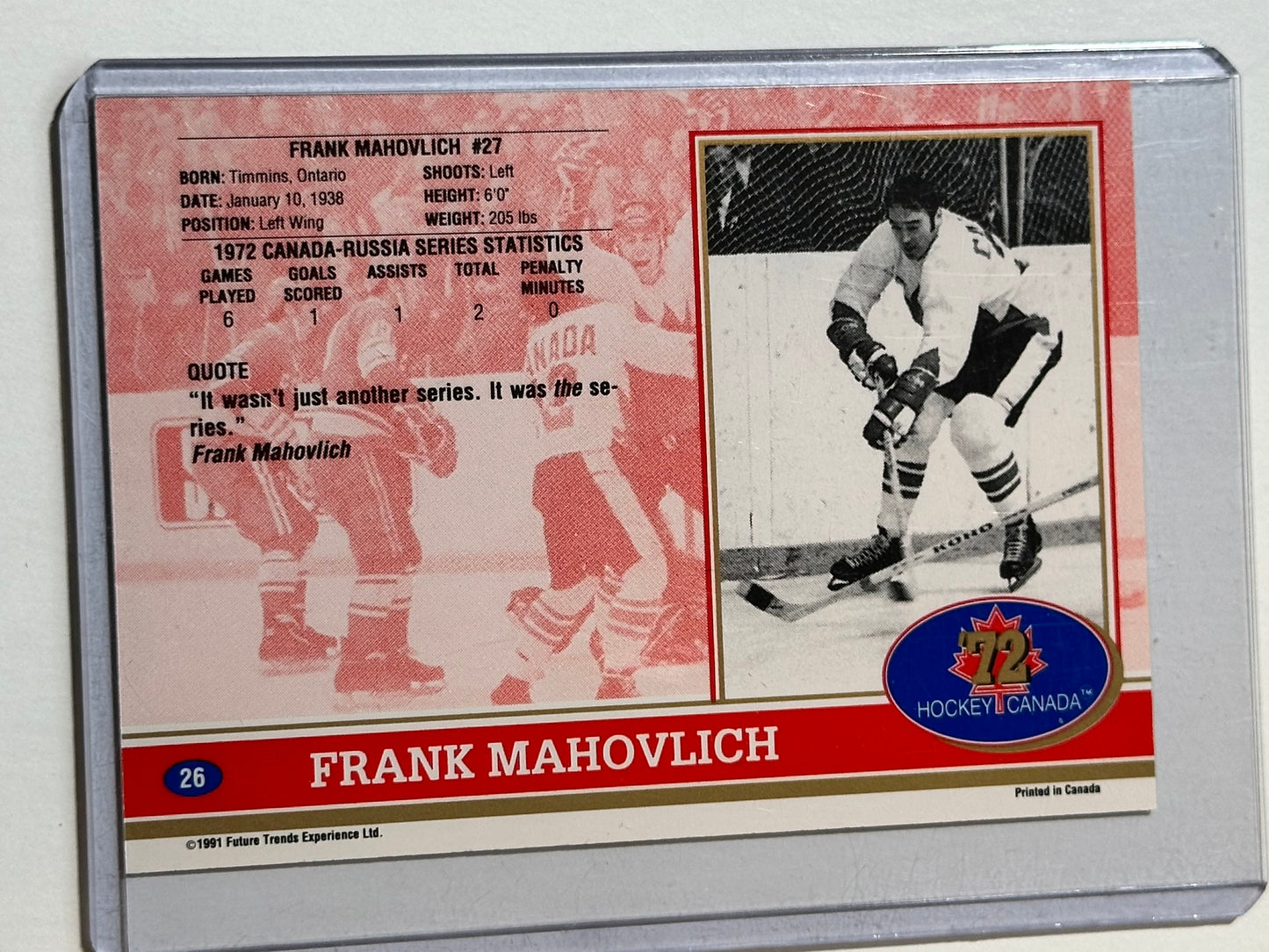 Frank Mahovlich team Canada autographed hockey card with COA