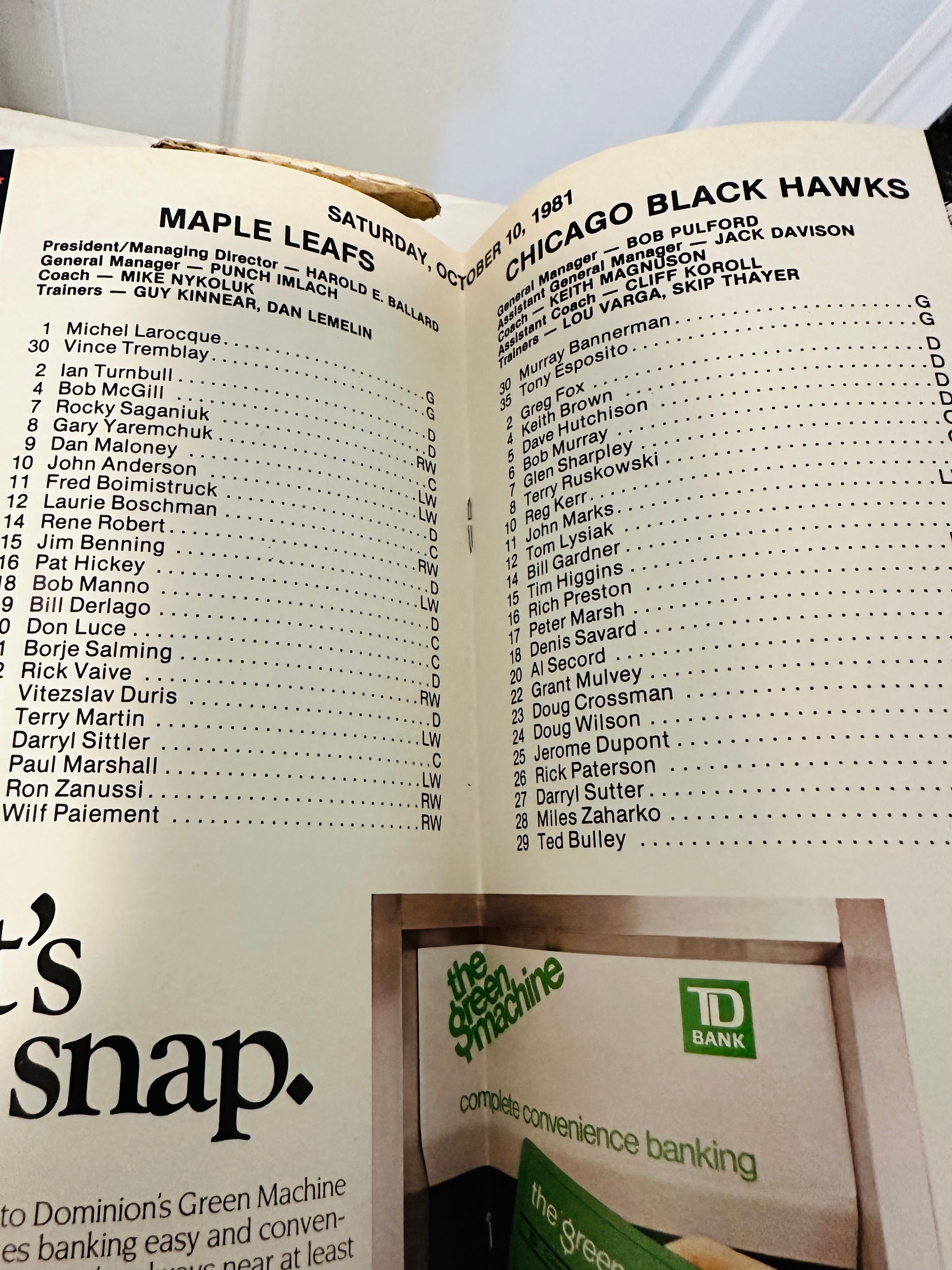 Maple Leaf Gardens 50th anniversary hockey game Leafs vs Chicago program 1981
