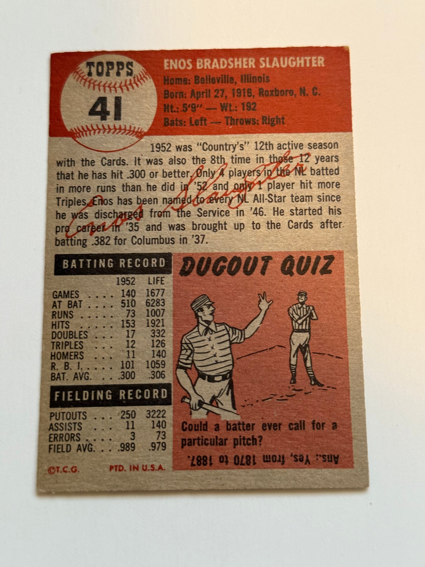 1953 Topps Enos Slaughter vg condition baseball card